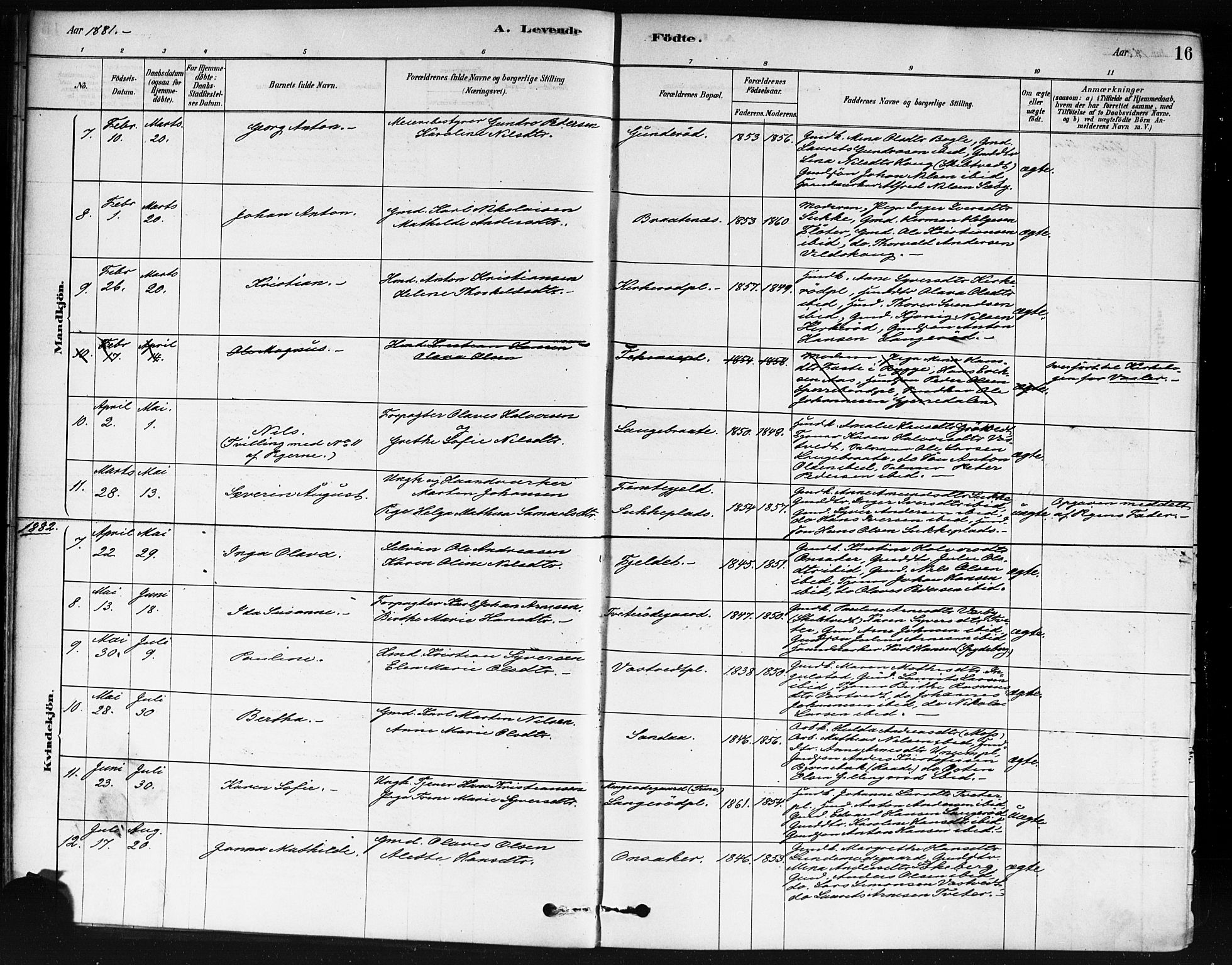 Våler prestekontor Kirkebøker, SAO/A-11083/F/Fb/L0001: Parish register (official) no. II 1, 1878-1896, p. 16