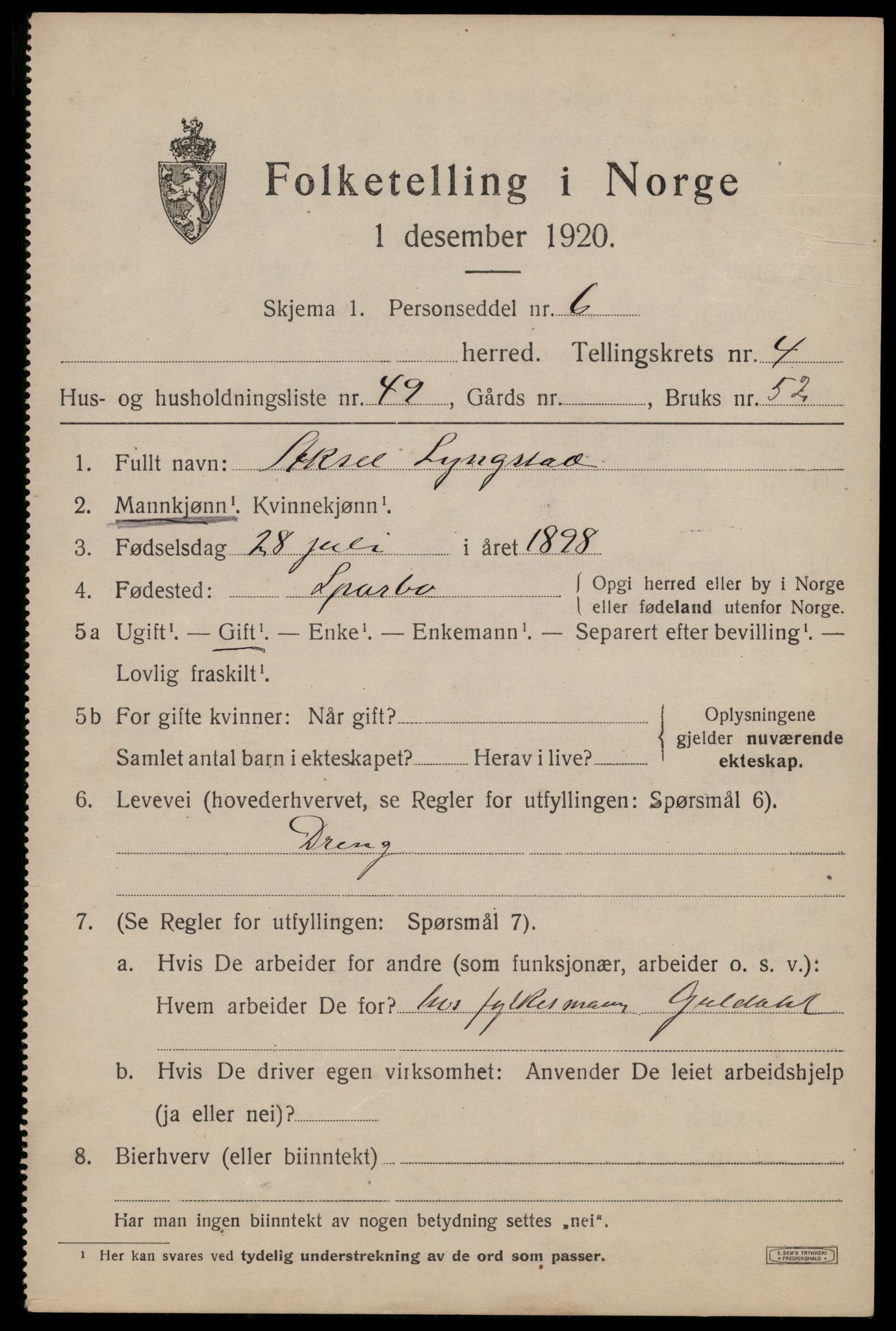 SAT, 1920 census for Egge, 1920, p. 3052