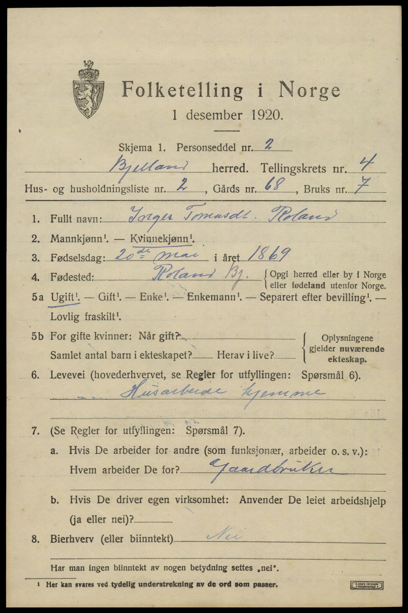 SAK, 1920 census for Bjelland, 1920, p. 1207