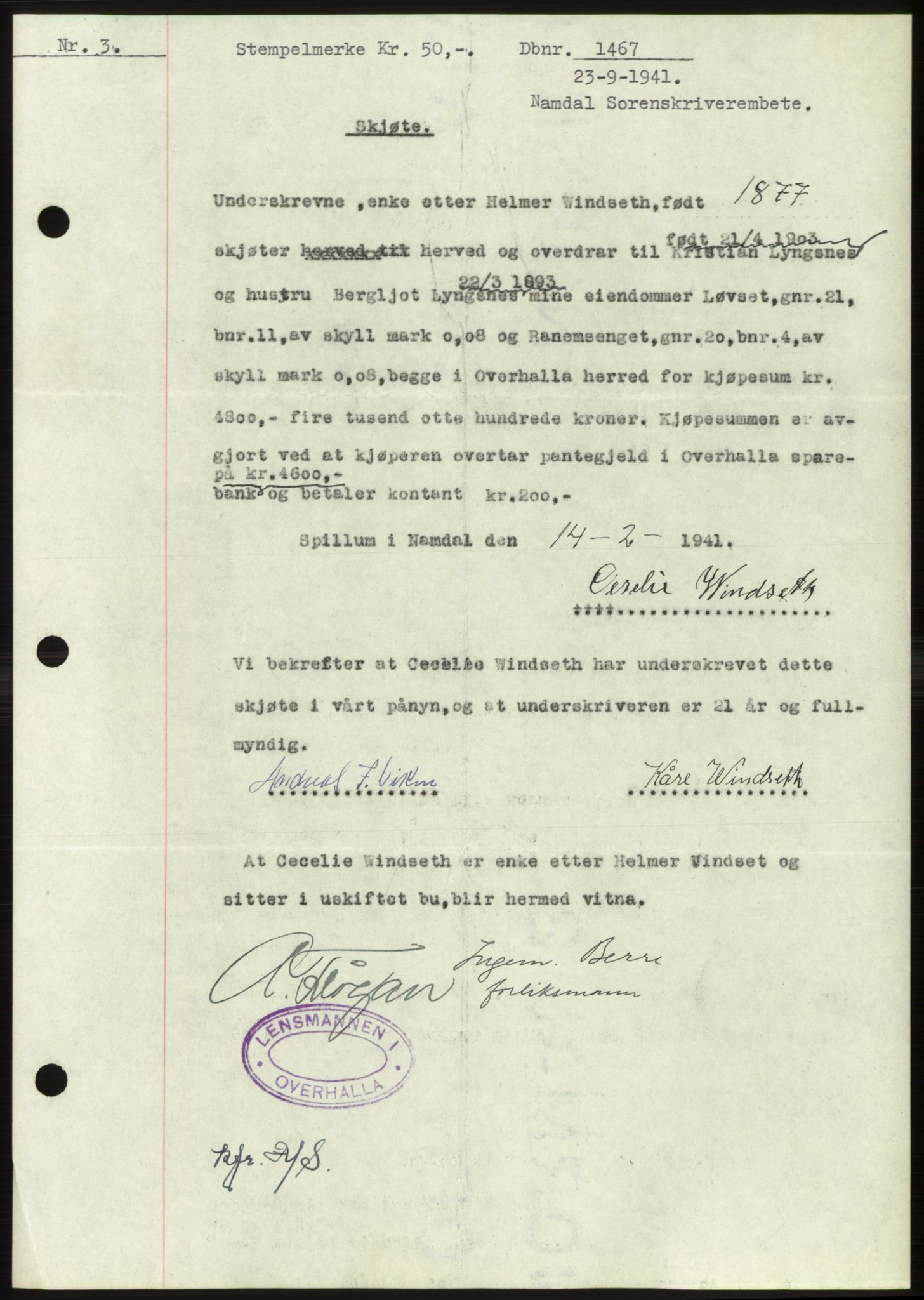 Namdal sorenskriveri, SAT/A-4133/1/2/2C: Mortgage book no. -, 1941-1942, Diary no: : 1467/1941