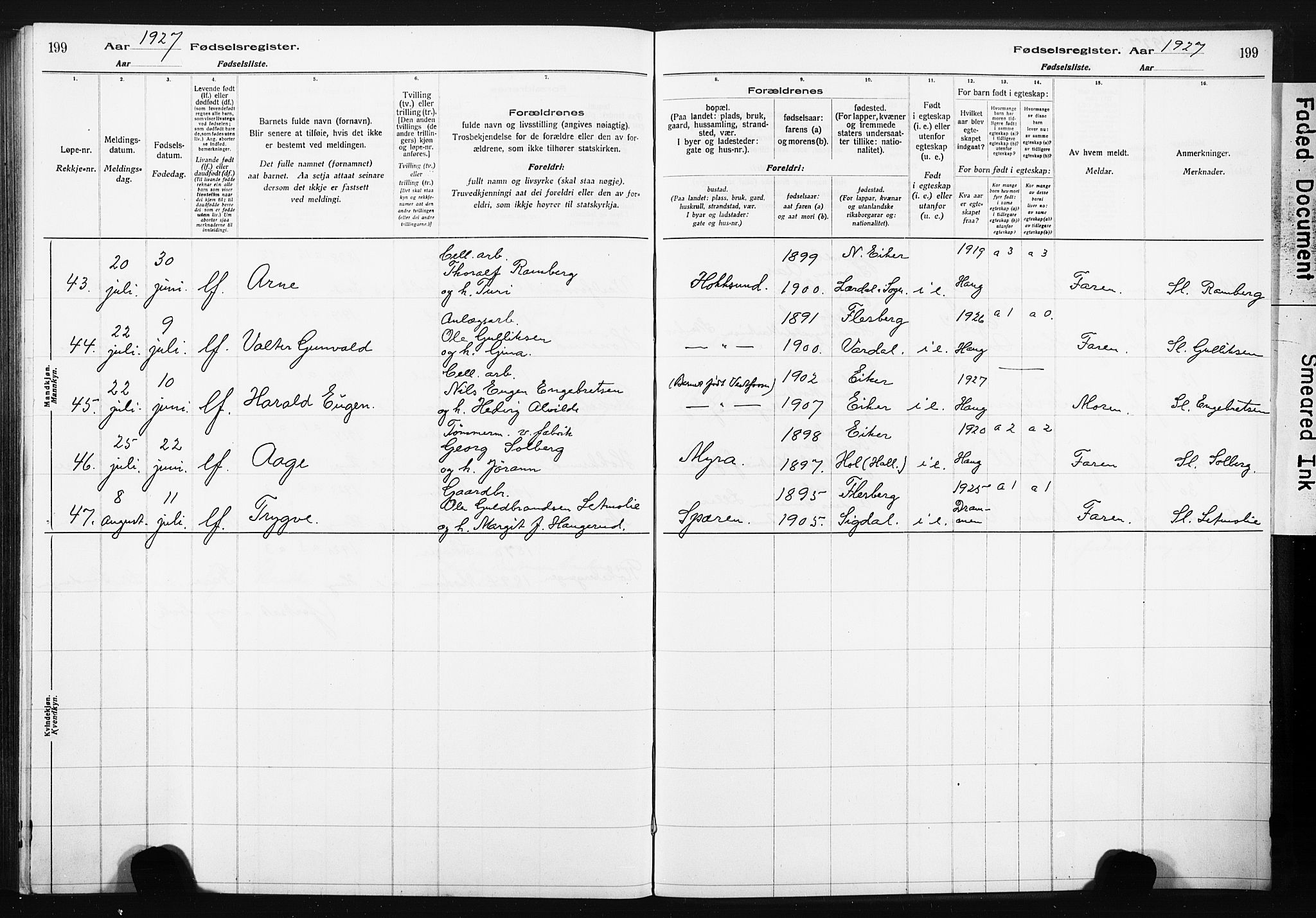 Eiker kirkebøker, AV/SAKO-A-4/J/Ja/L0001: Birth register no. I 1, 1916-1927, p. 199