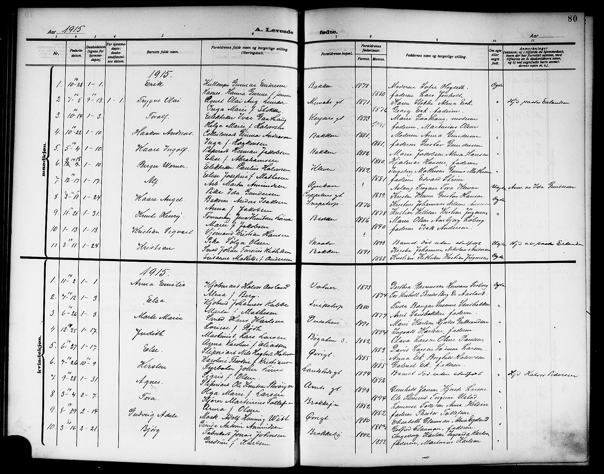 Skien kirkebøker, SAKO/A-302/G/Ga/L0009: Parish register (copy) no. 9, 1910-1920, p. 80