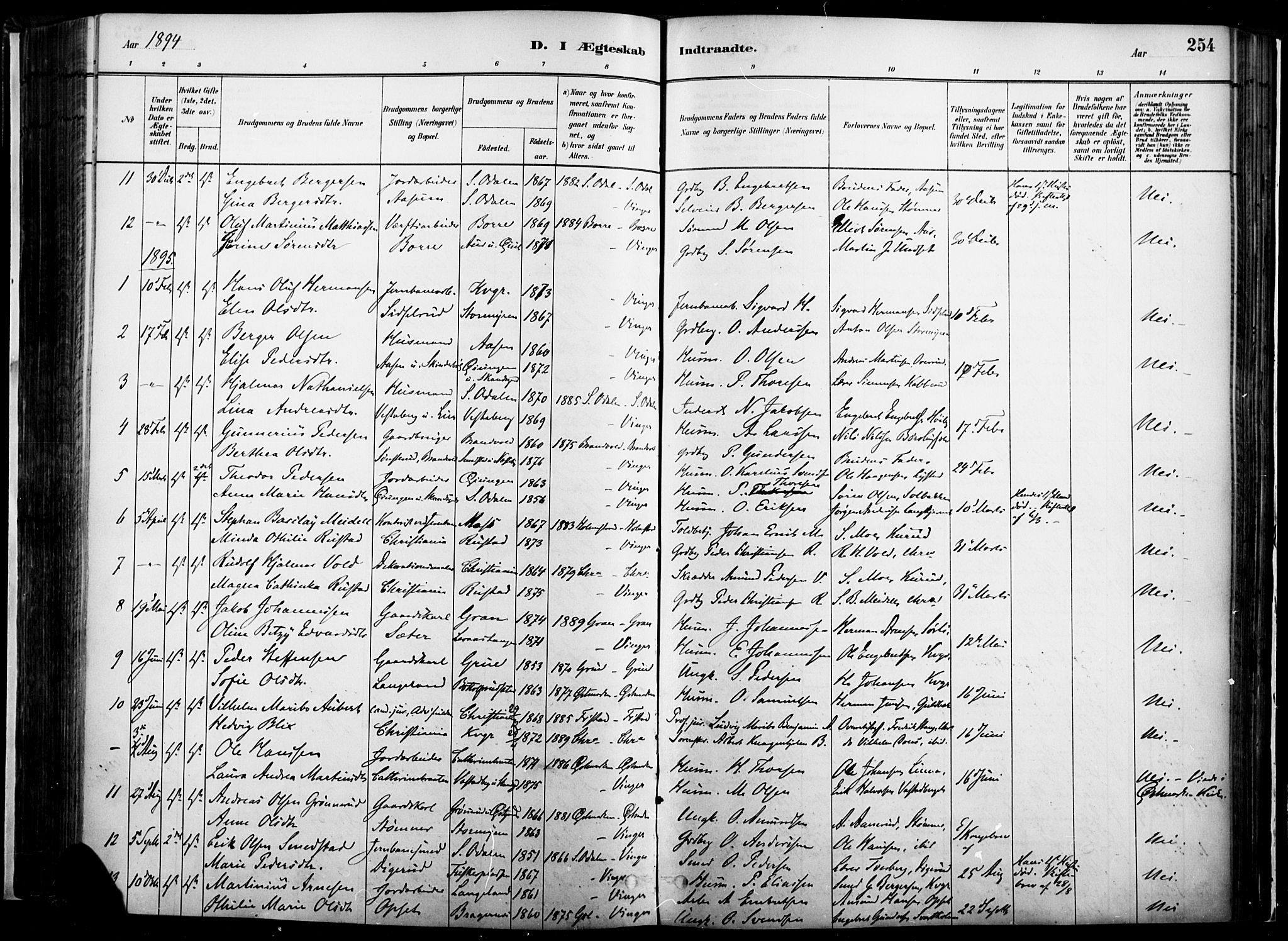 Vinger prestekontor, SAH/PREST-024/H/Ha/Haa/L0014: Parish register (official) no. 14, 1881-1900, p. 254