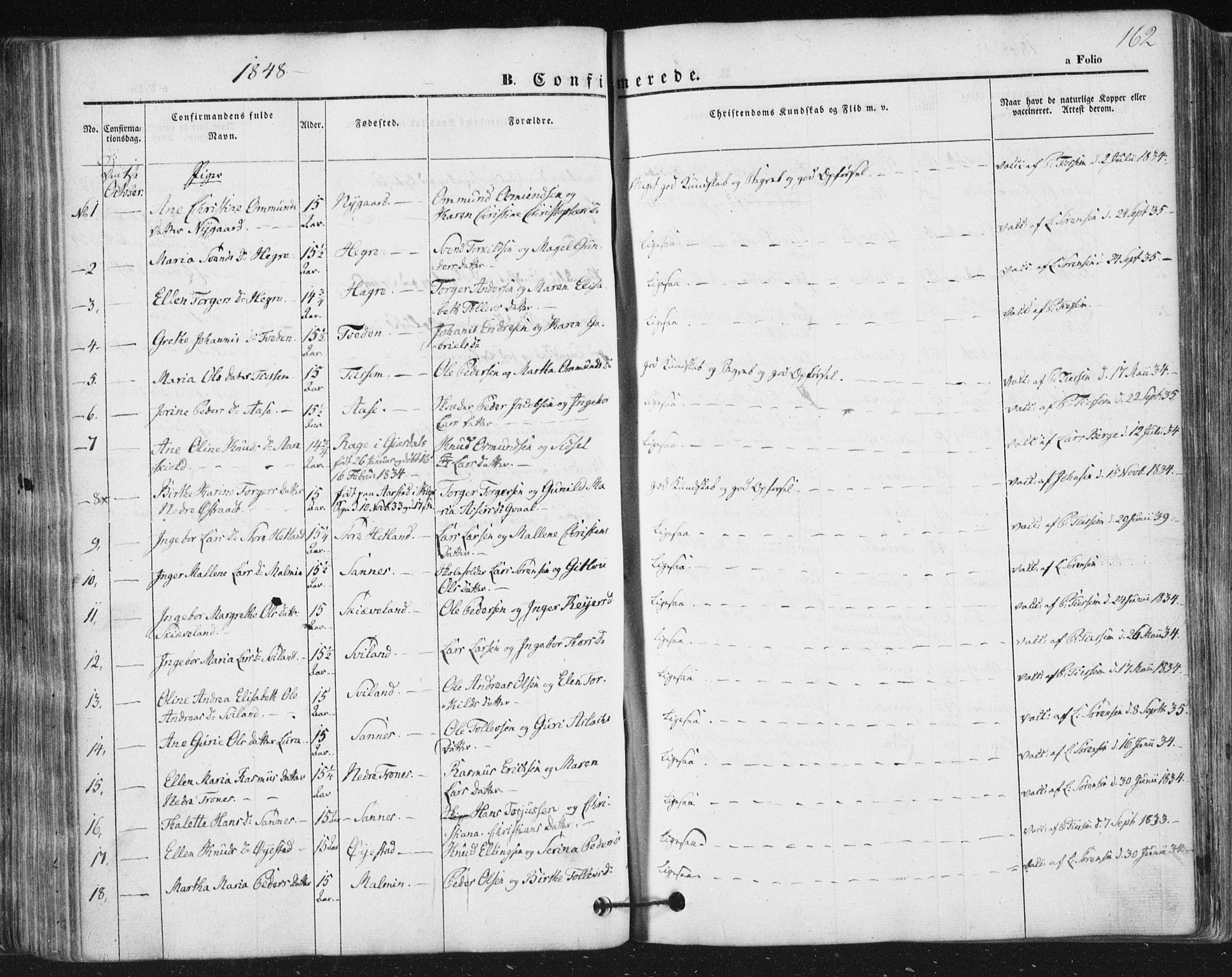 Høyland sokneprestkontor, AV/SAST-A-101799/001/30BA/L0008: Parish register (official) no. A 8, 1841-1856, p. 162