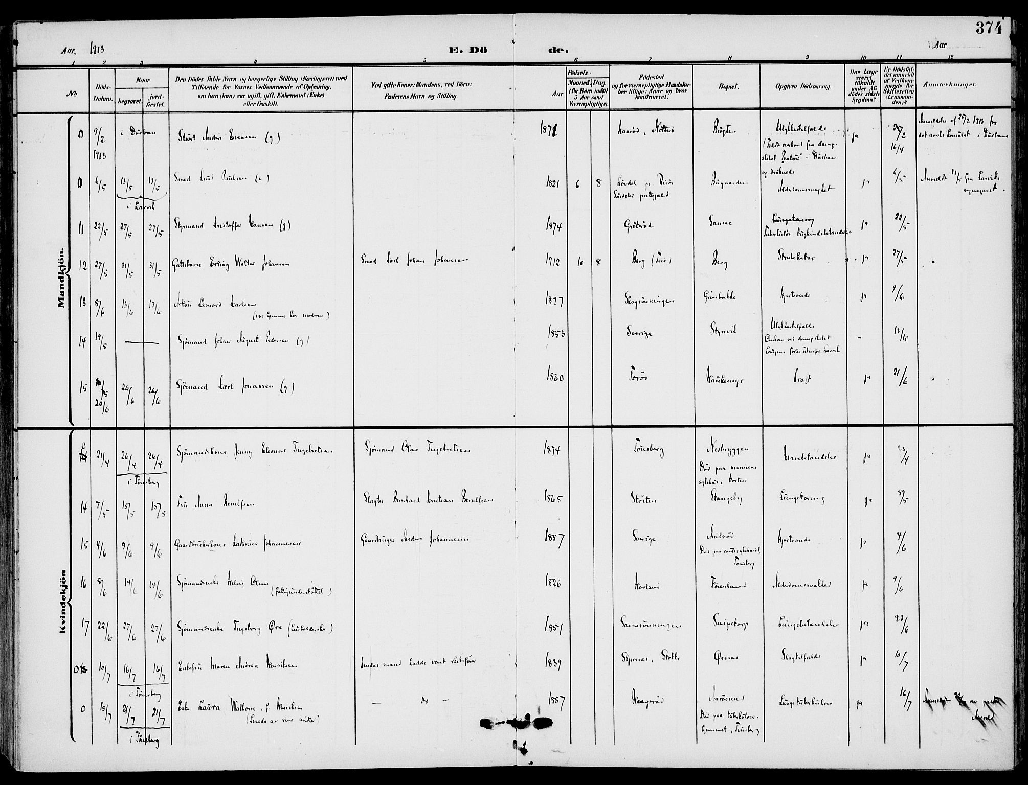 Nøtterøy kirkebøker, AV/SAKO-A-354/F/Fa/L0010: Parish register (official) no. I 10, 1908-1919, p. 374