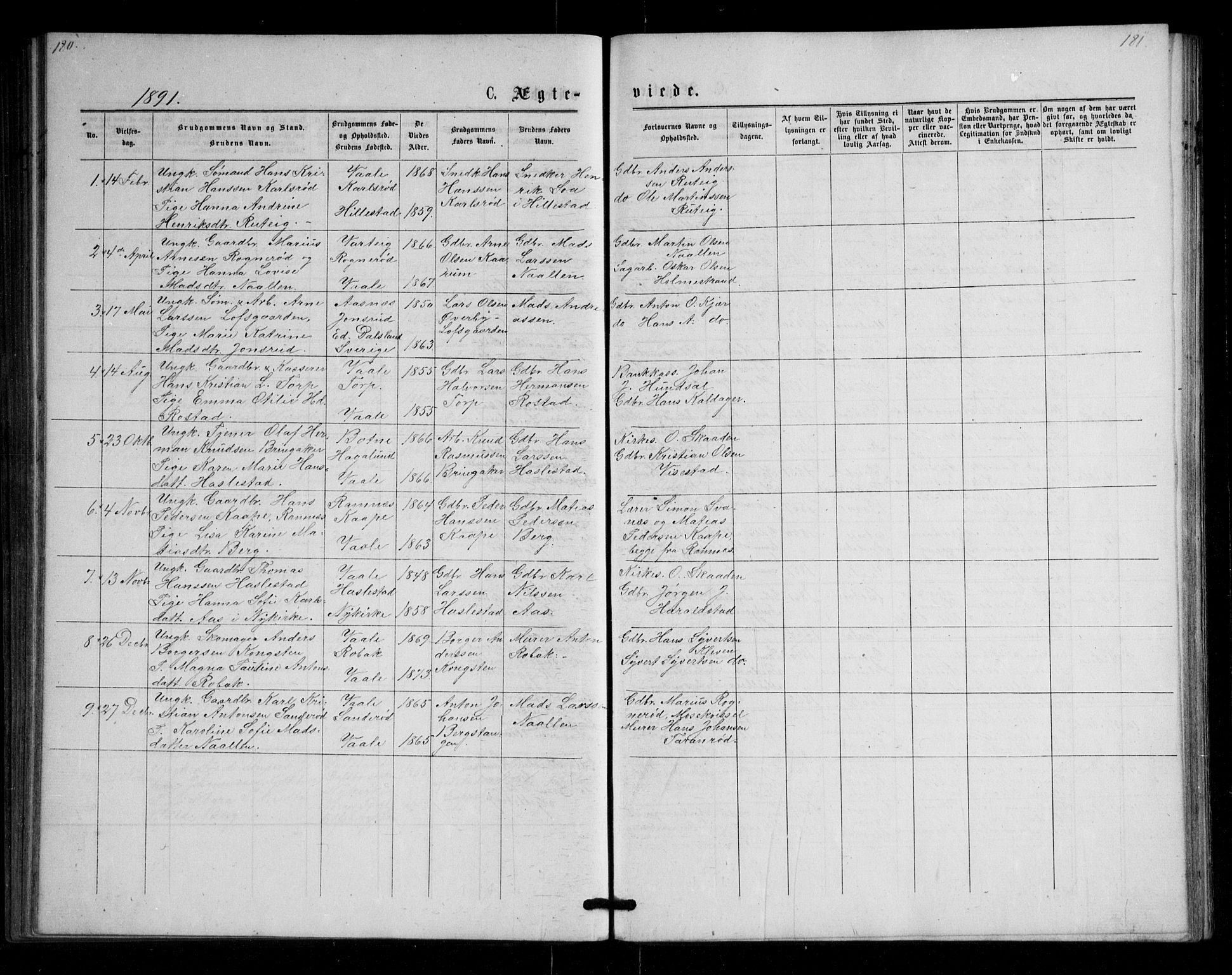 Våle kirkebøker, SAKO/A-334/G/Ga/L0004a: Parish register (copy) no. I 4, 1874-1893, p. 180-181