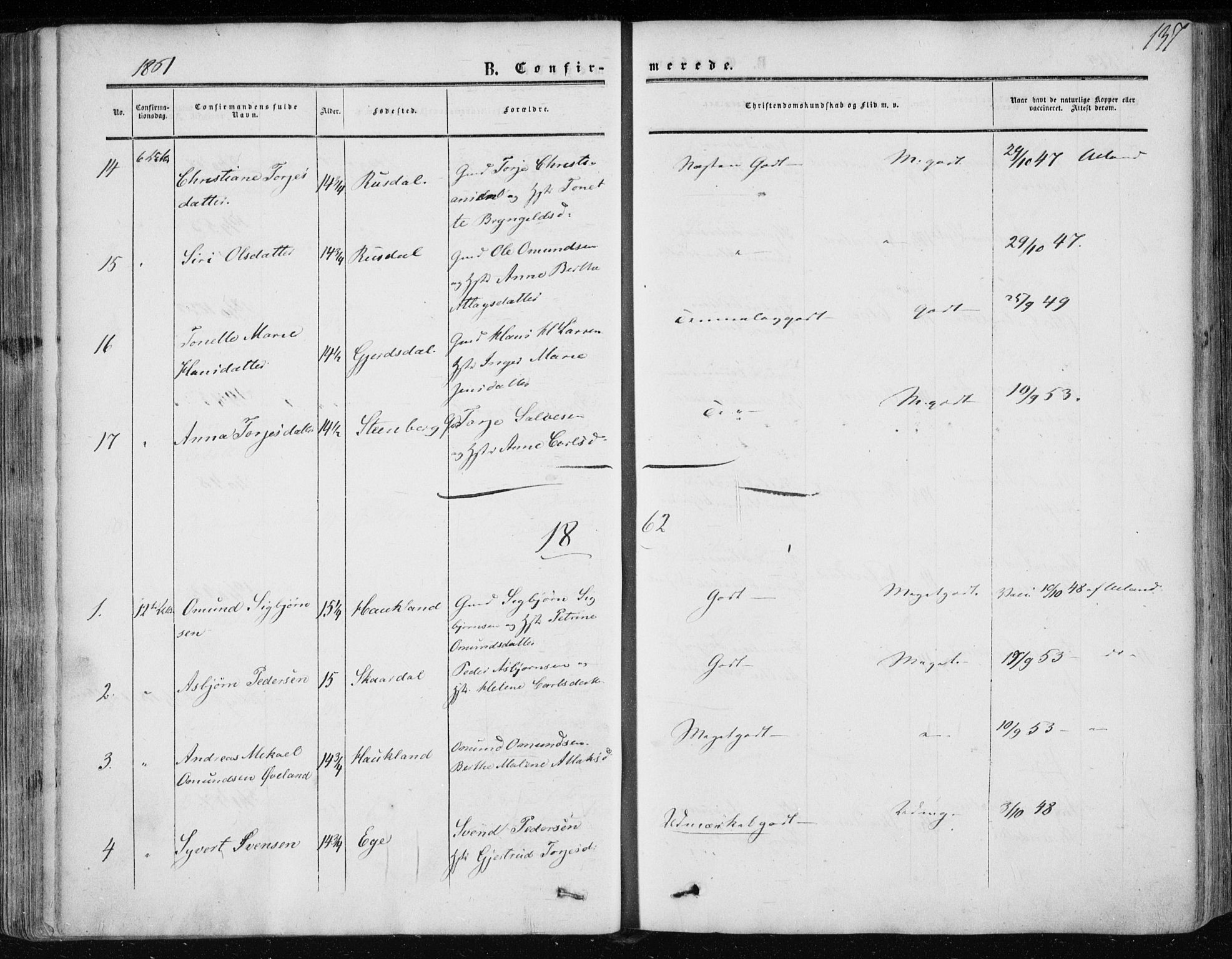 Lund sokneprestkontor, AV/SAST-A-101809/S06/L0009: Parish register (official) no. A 8, 1853-1877, p. 137