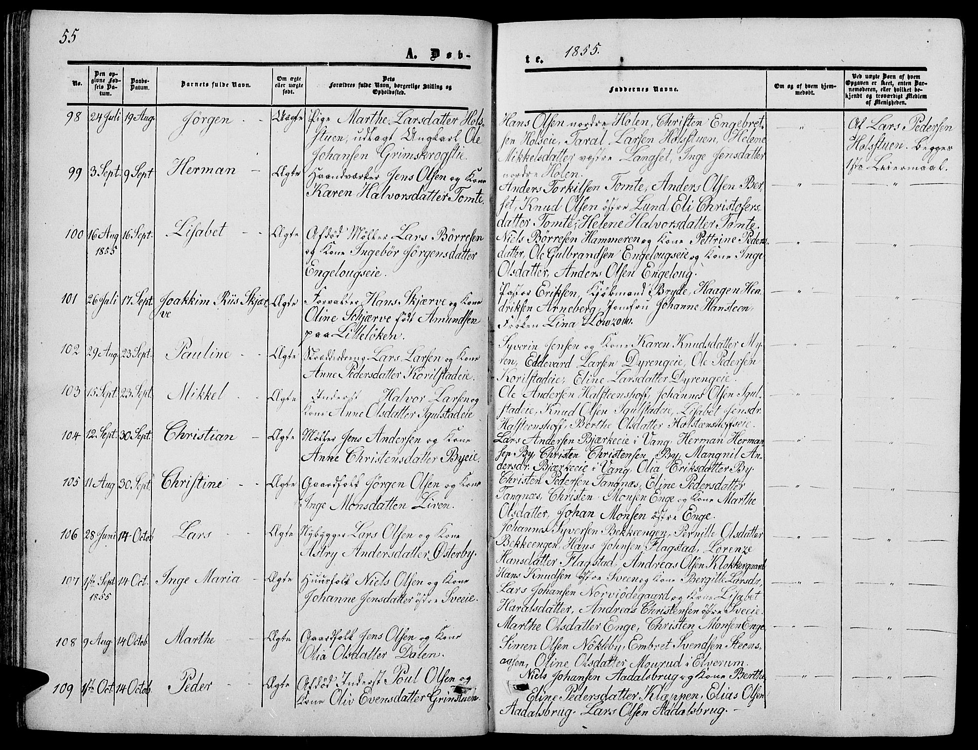 Løten prestekontor, AV/SAH-PREST-022/L/La/L0003: Parish register (copy) no. 3, 1850-1862, p. 55