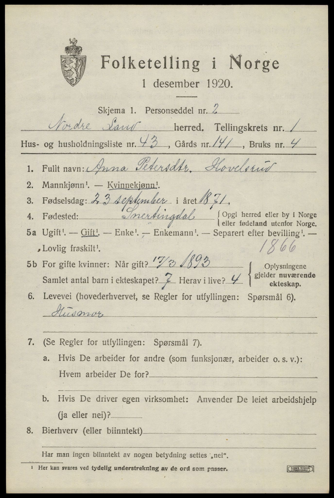 SAH, 1920 census for Nordre Land, 1920, p. 1588