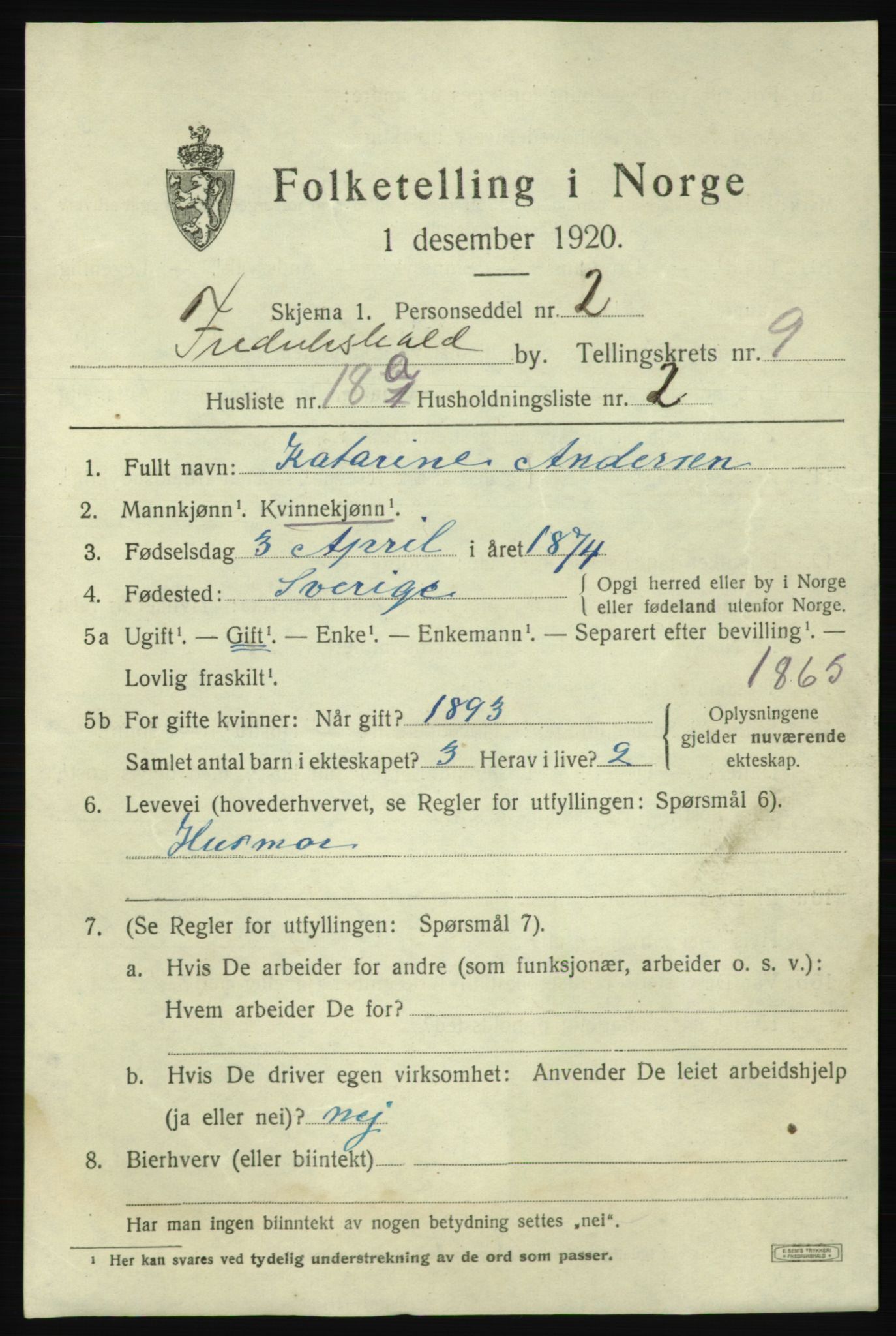 SAO, 1920 census for Fredrikshald, 1920, p. 16148