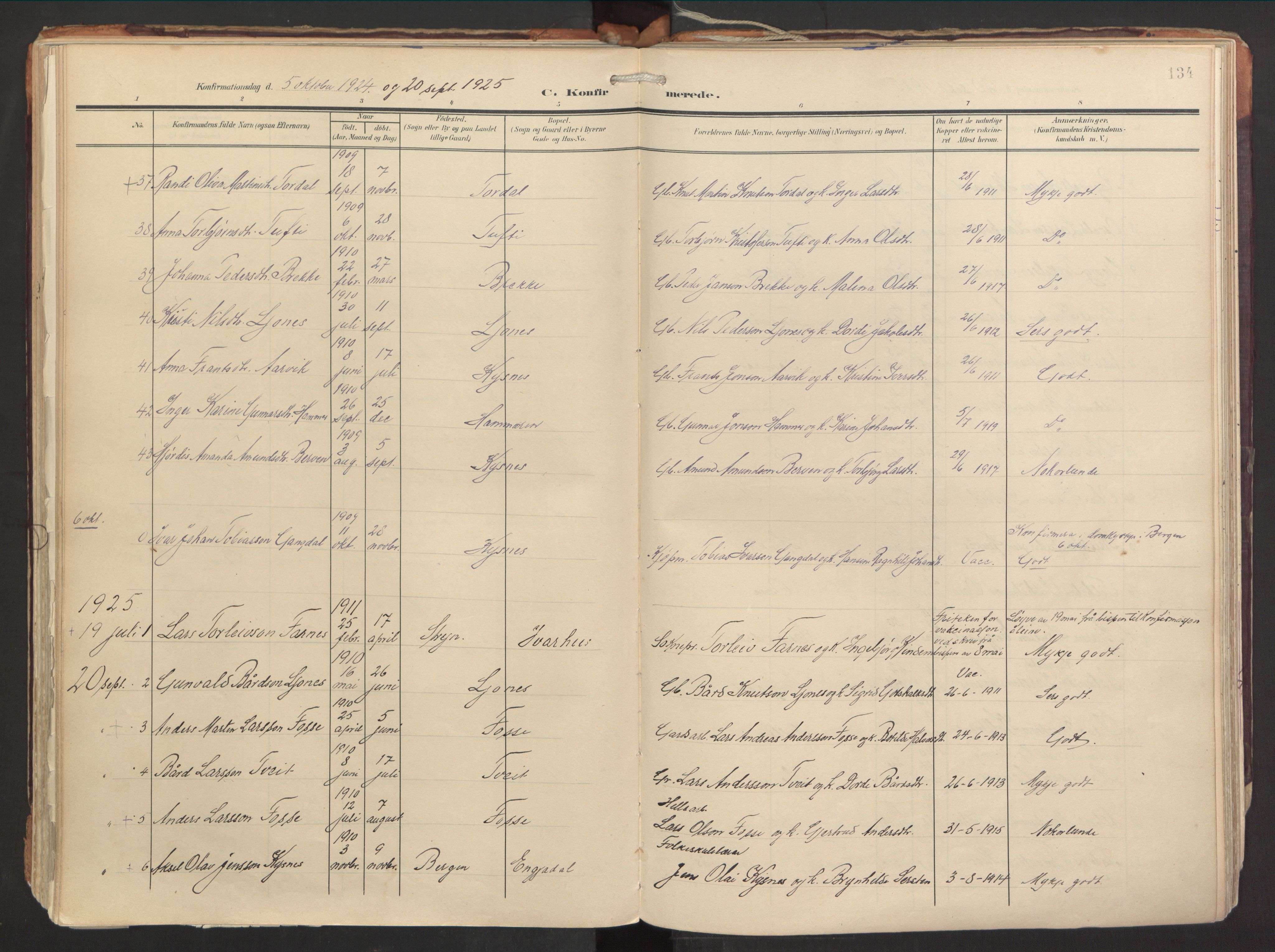 Strandebarm sokneprestembete, SAB/A-78401/H/Haa: Parish register (official) no. B 2, 1909-1941, p. 134