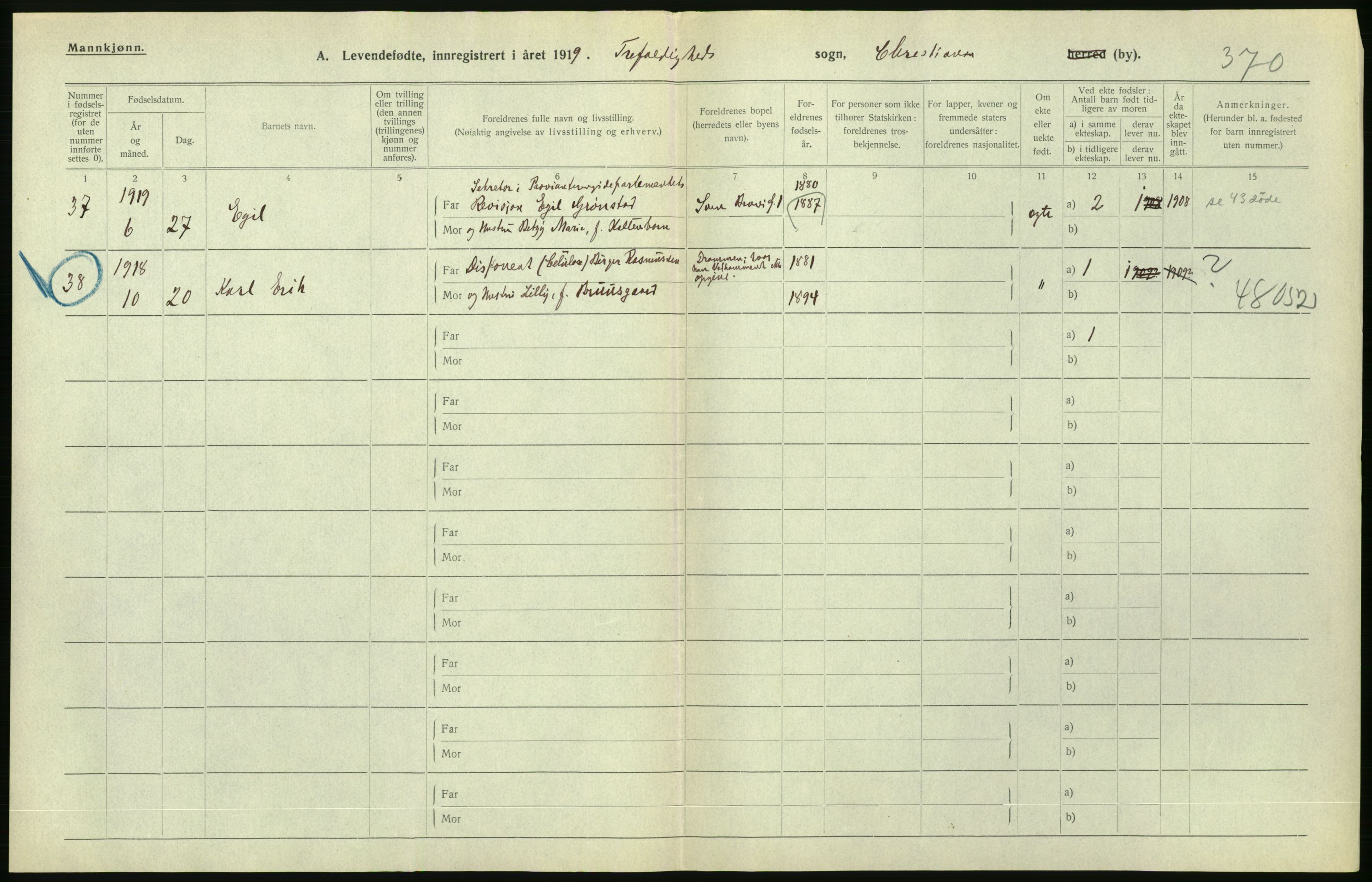 Statistisk sentralbyrå, Sosiodemografiske emner, Befolkning, AV/RA-S-2228/D/Df/Dfb/Dfbi/L0007: Kristiania: Levendefødte menn og kvinner., 1919, p. 328