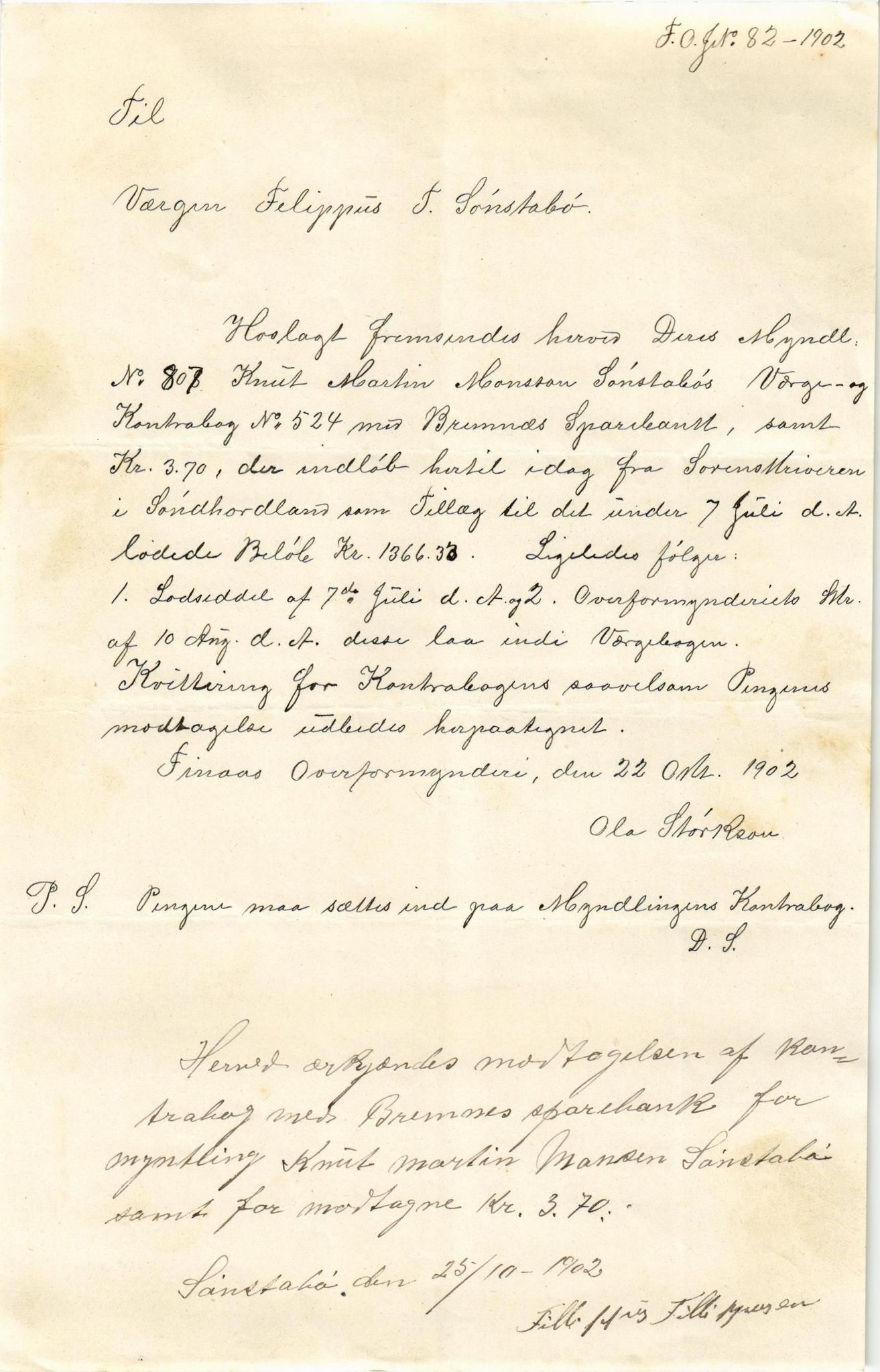 Finnaas kommune. Overformynderiet, IKAH/1218a-812/D/Da/Daa/L0002/0002: Kronologisk ordna korrespondanse / Kronologisk ordna korrespondanse, 1901-1904, p. 87