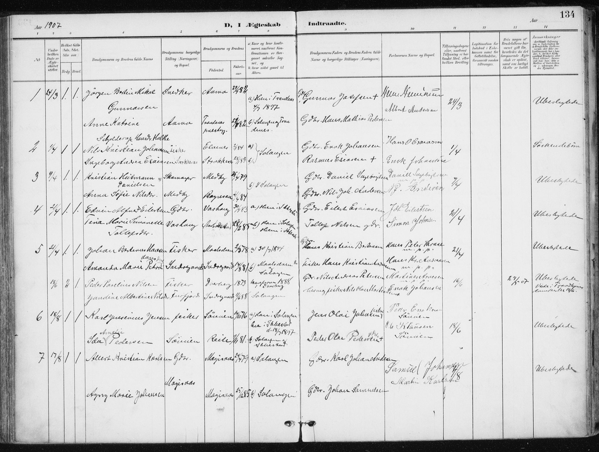 Salangen sokneprestembete, SATØ/S-1324/H/Ha/L0002kirke: Parish register (official) no. 2, 1902-1911, p. 134