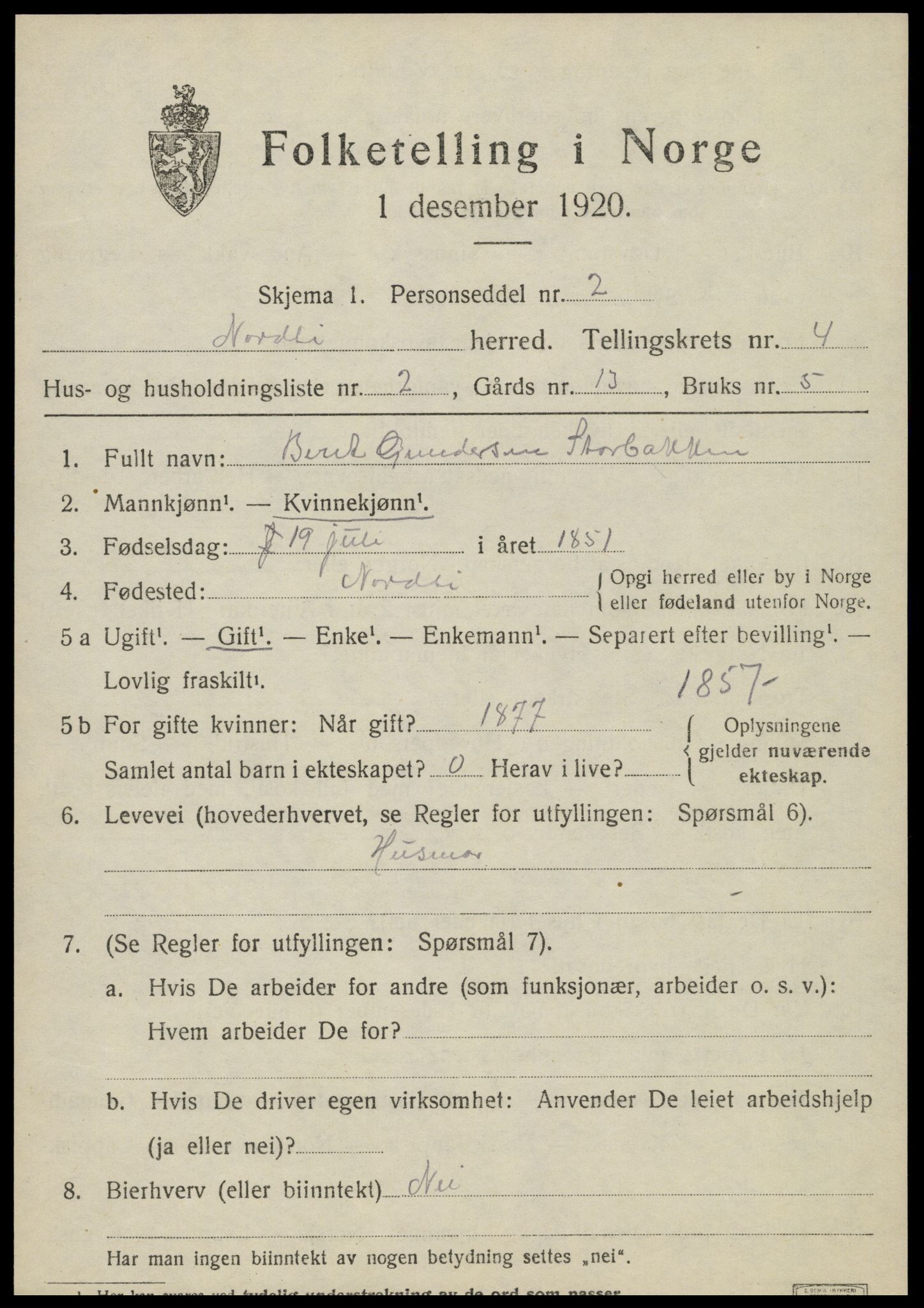 SAT, 1920 census for Nordli, 1920, p. 1845