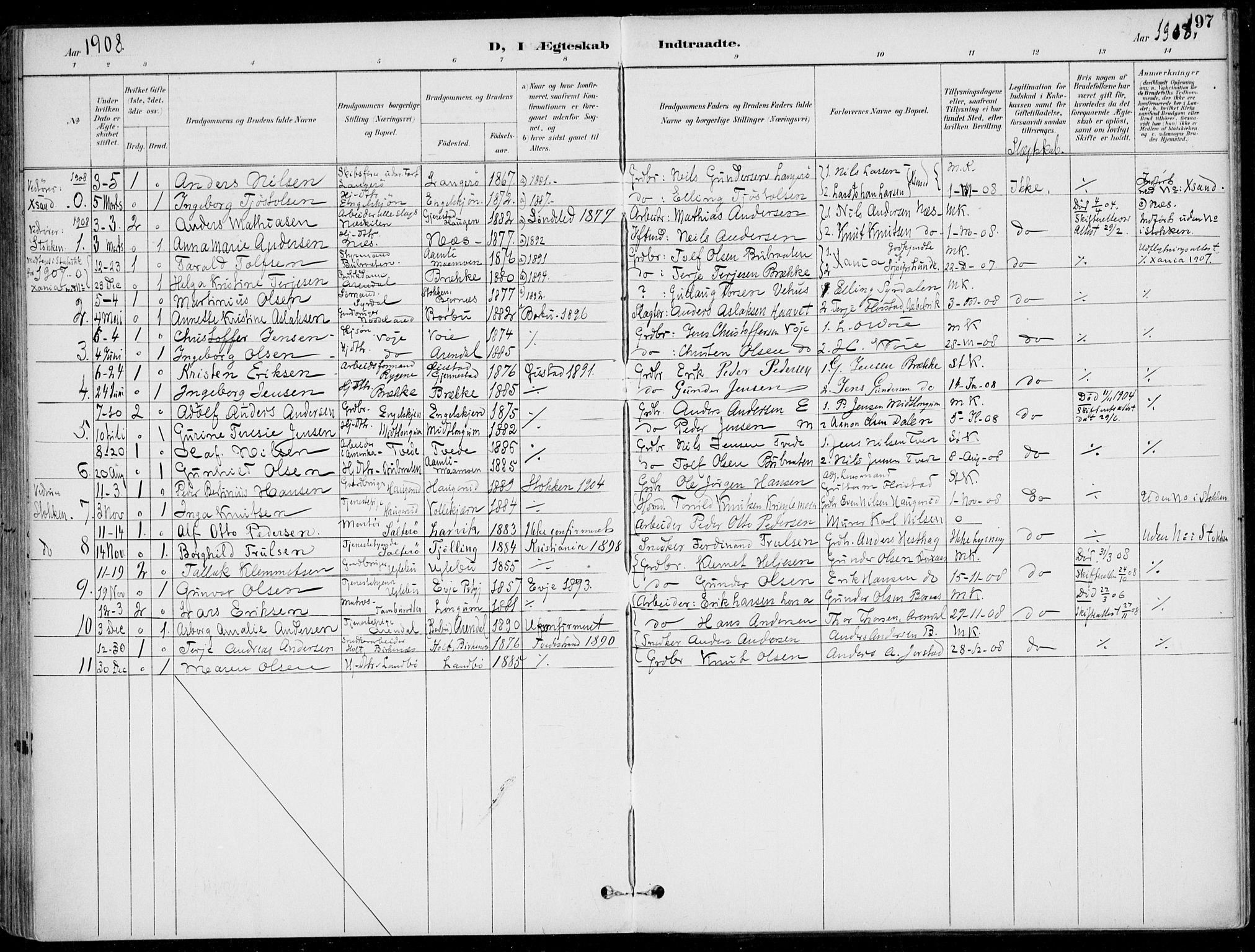 Austre Moland sokneprestkontor, SAK/1111-0001/F/Fa/Faa/L0011: Parish register (official) no. A 11, 1894-1915, p. 97