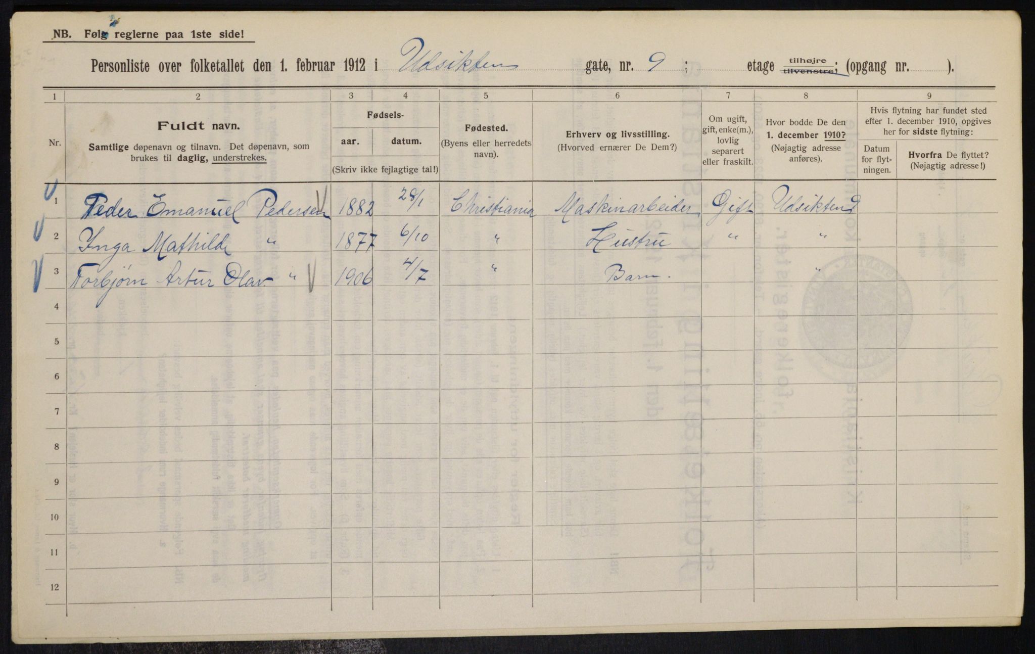 OBA, Municipal Census 1912 for Kristiania, 1912, p. 121352