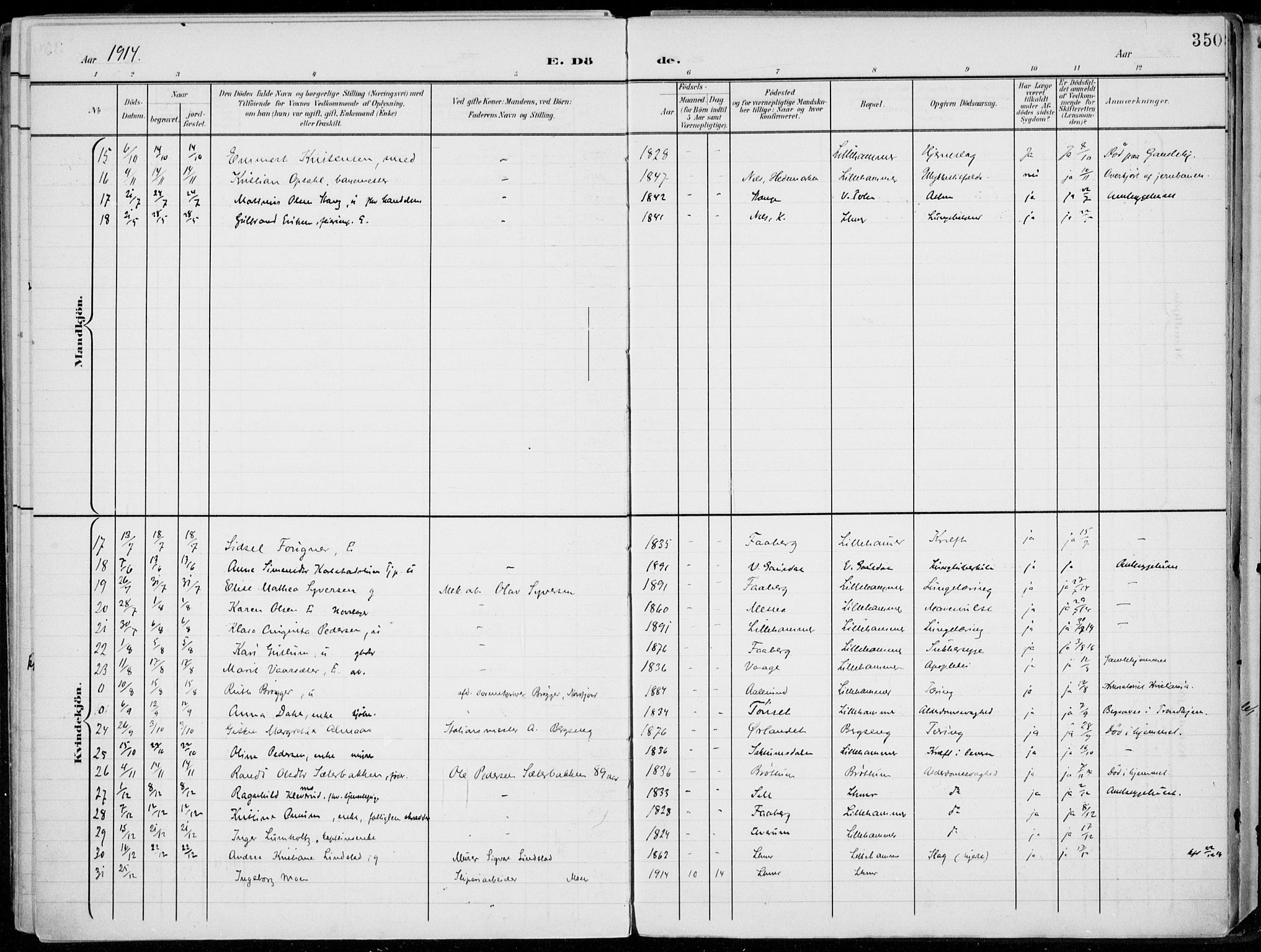Lillehammer prestekontor, SAH/PREST-088/H/Ha/Haa/L0001: Parish register (official) no. 1, 1901-1916, p. 350