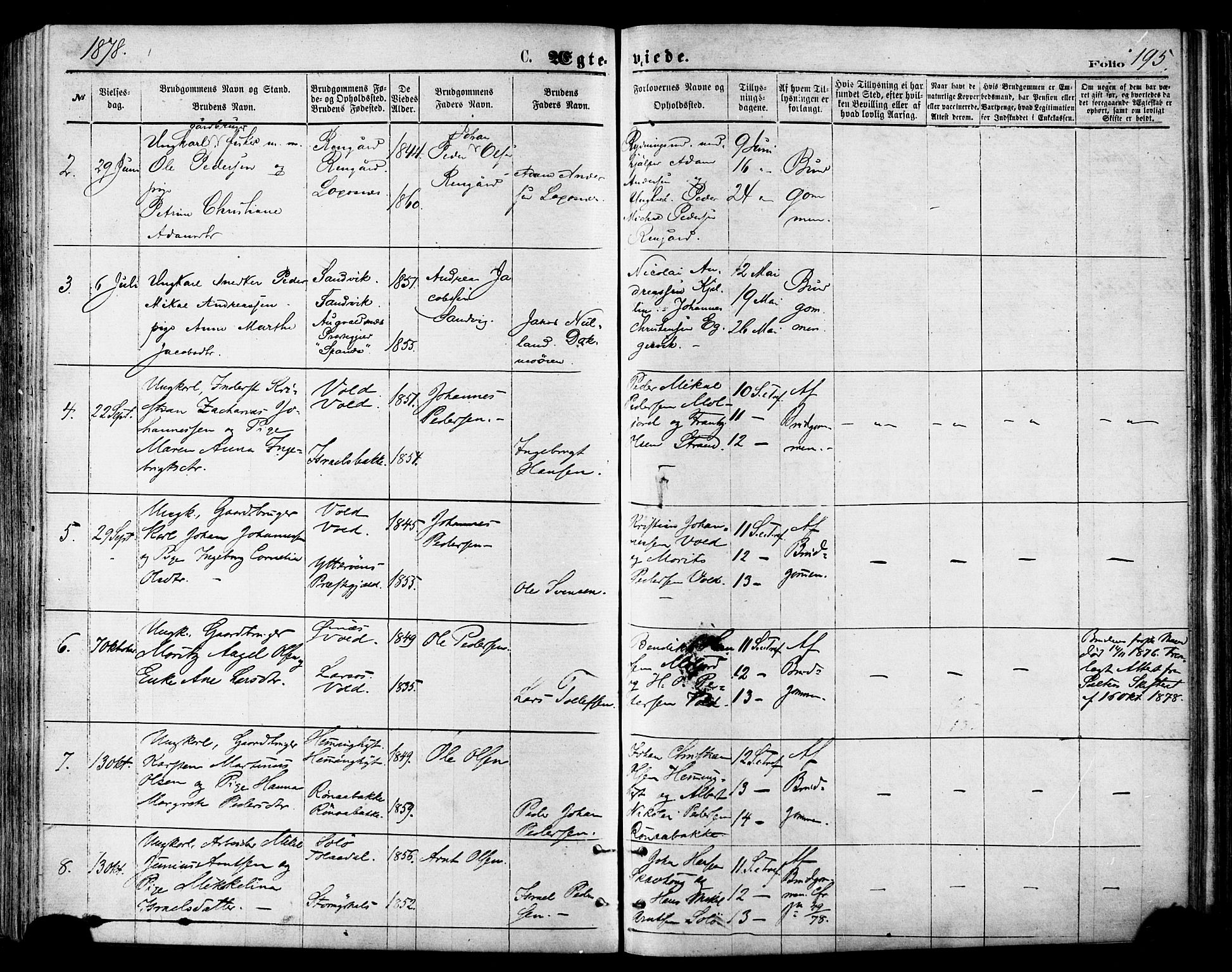 Ministerialprotokoller, klokkerbøker og fødselsregistre - Nordland, AV/SAT-A-1459/846/L0645: Parish register (official) no. 846A03, 1872-1886, p. 195
