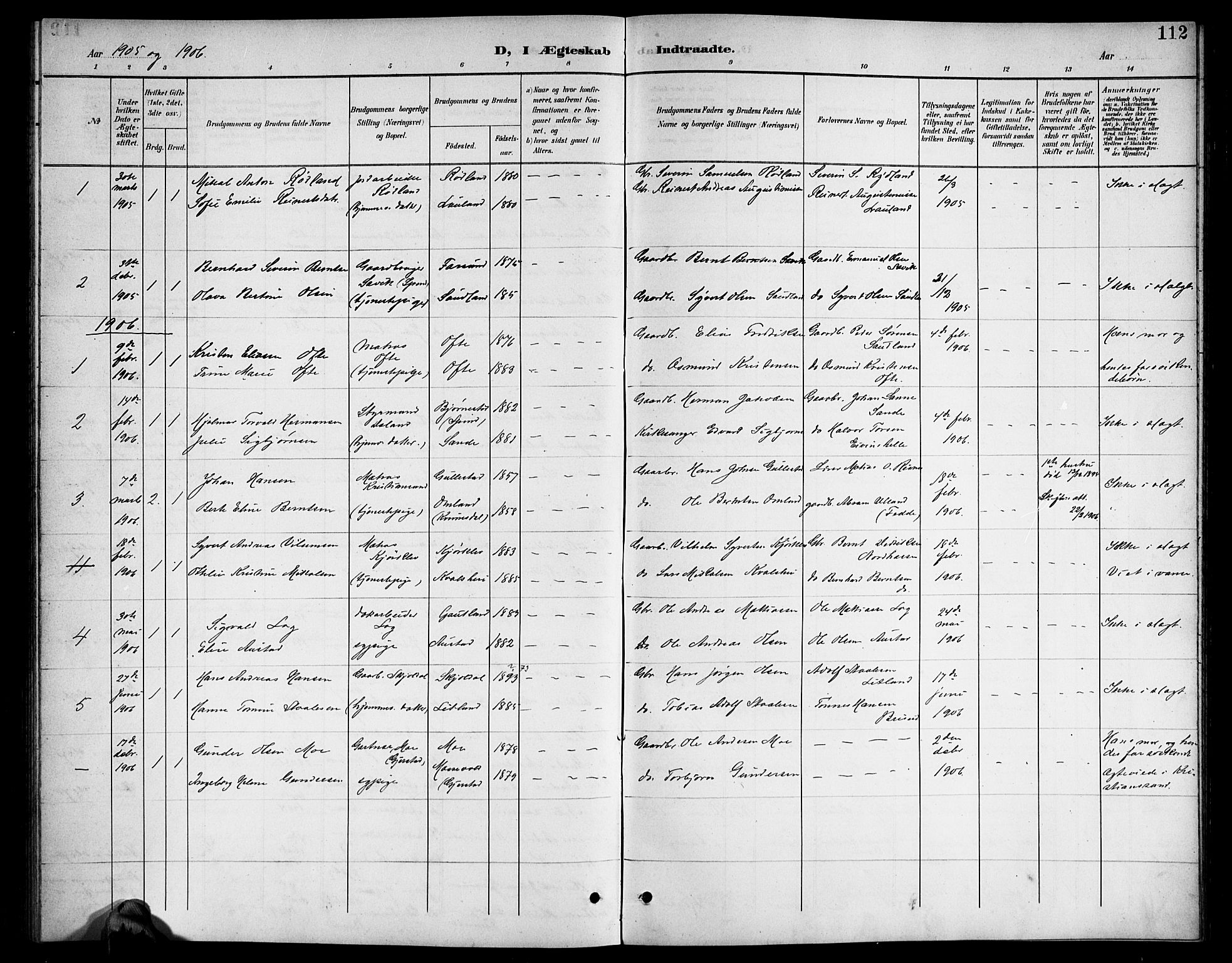 Herad sokneprestkontor, AV/SAK-1111-0018/F/Fb/Fba/L0005: Parish register (copy) no. B 5, 1899-1921, p. 112