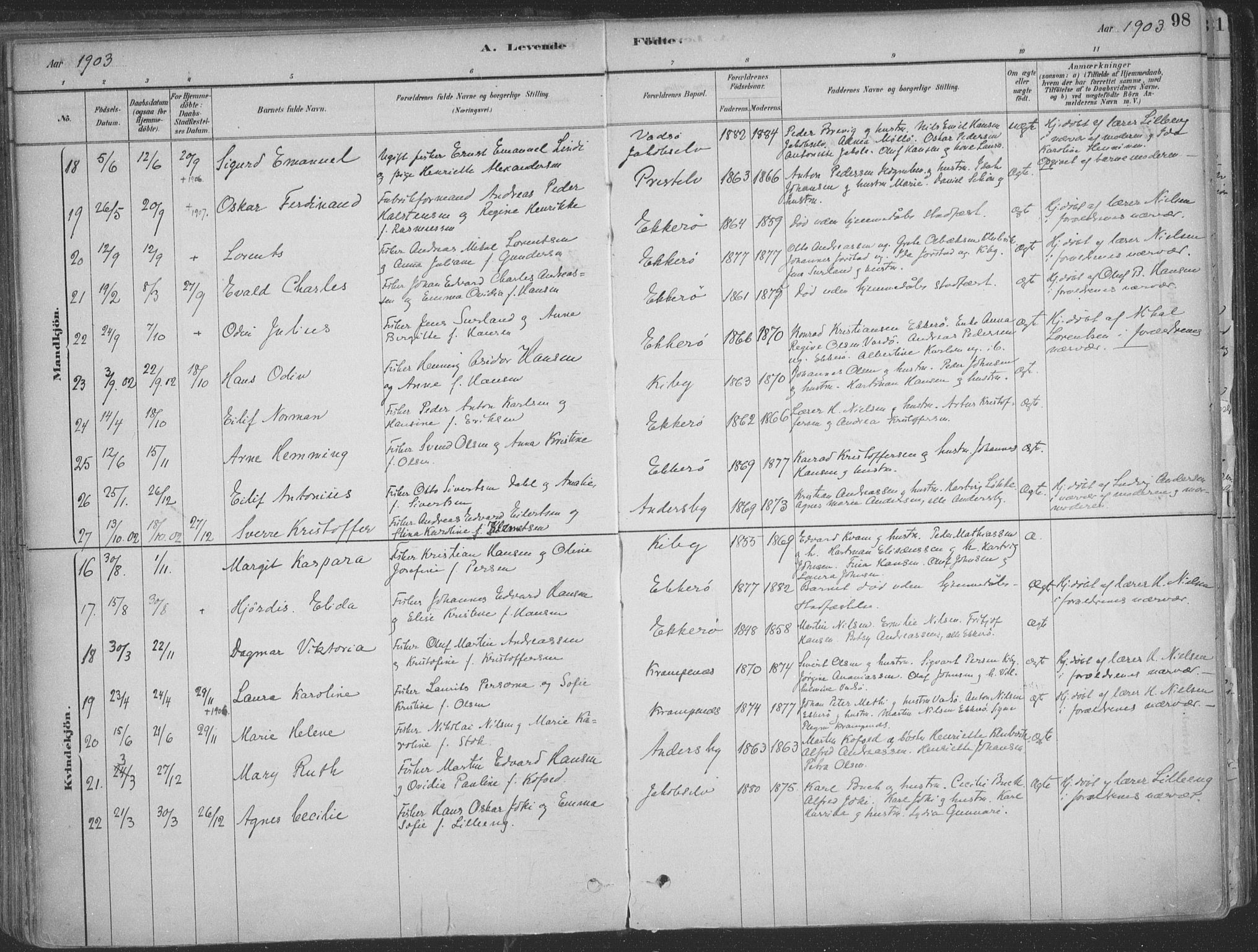 Vadsø sokneprestkontor, SATØ/S-1325/H/Ha/L0009kirke: Parish register (official) no. 9, 1881-1917, p. 98