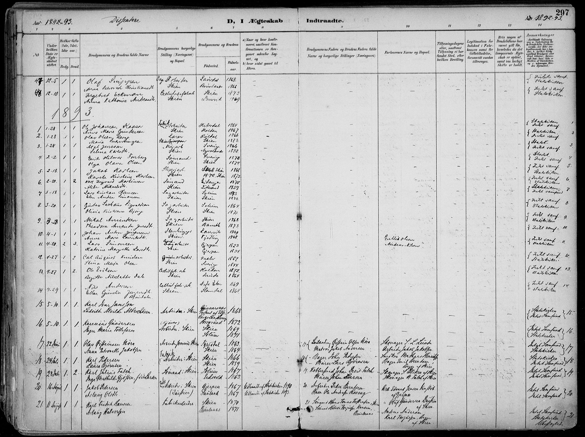Skien kirkebøker, SAKO/A-302/F/Fa/L0010: Parish register (official) no. 10, 1891-1899, p. 297
