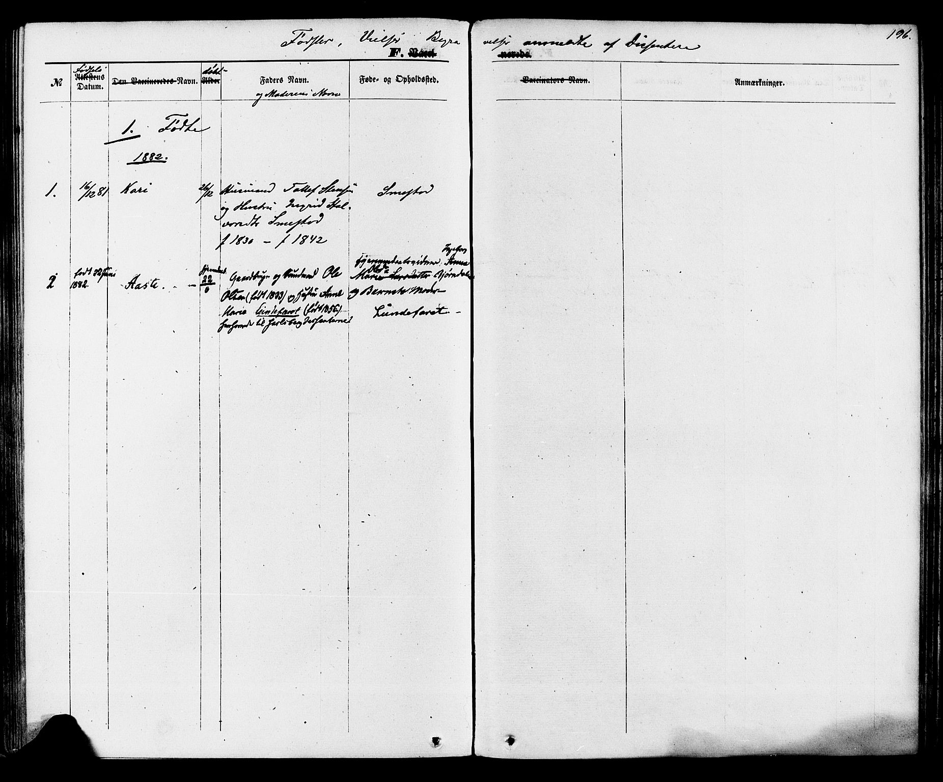 Lunde kirkebøker, SAKO/A-282/F/Fa/L0001: Parish register (official) no. I 1, 1866-1883, p. 196