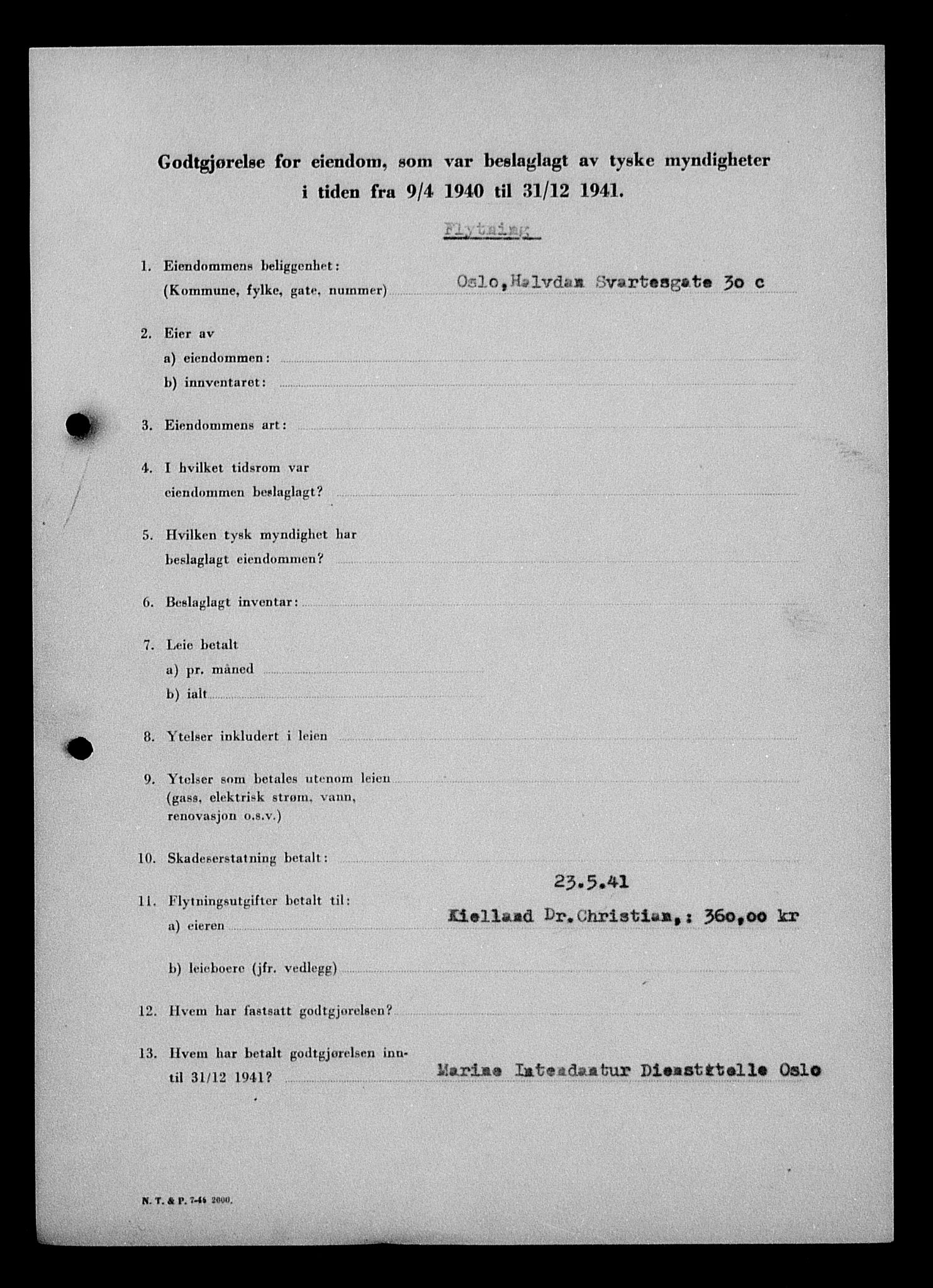 Justisdepartementet, Tilbakeføringskontoret for inndratte formuer, AV/RA-S-1564/I/L1010: Godtgjørelse for beslaglagt eiendom, 1940-1941, p. 302