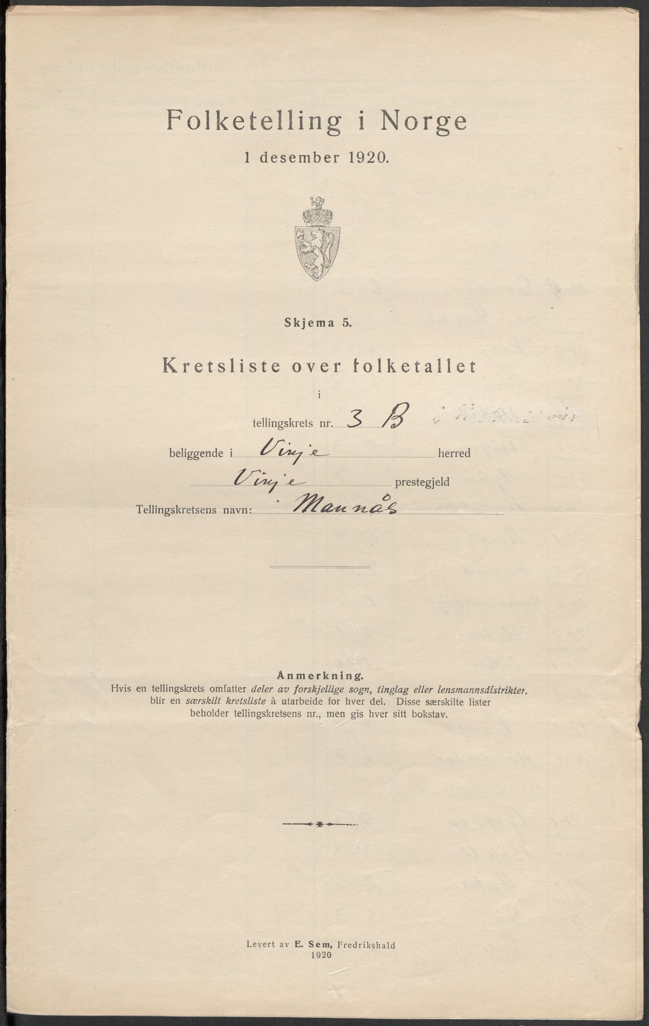 SAKO, 1920 census for Vinje, 1920, p. 20