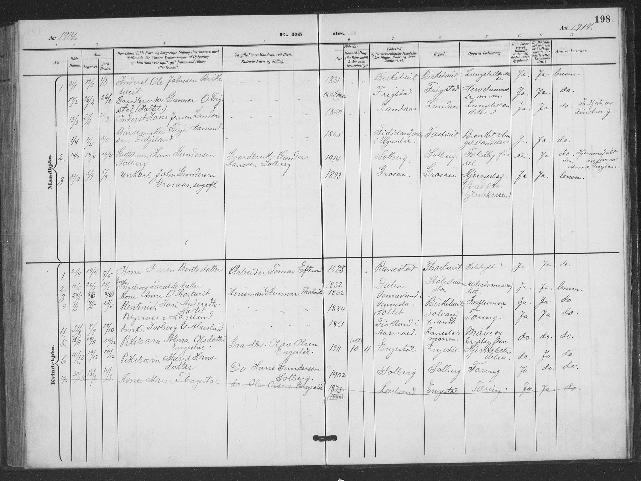 Evje sokneprestkontor, SAK/1111-0008/F/Fb/Fbc/L0005: Parish register (copy) no. B 5, 1901-1935, p. 198