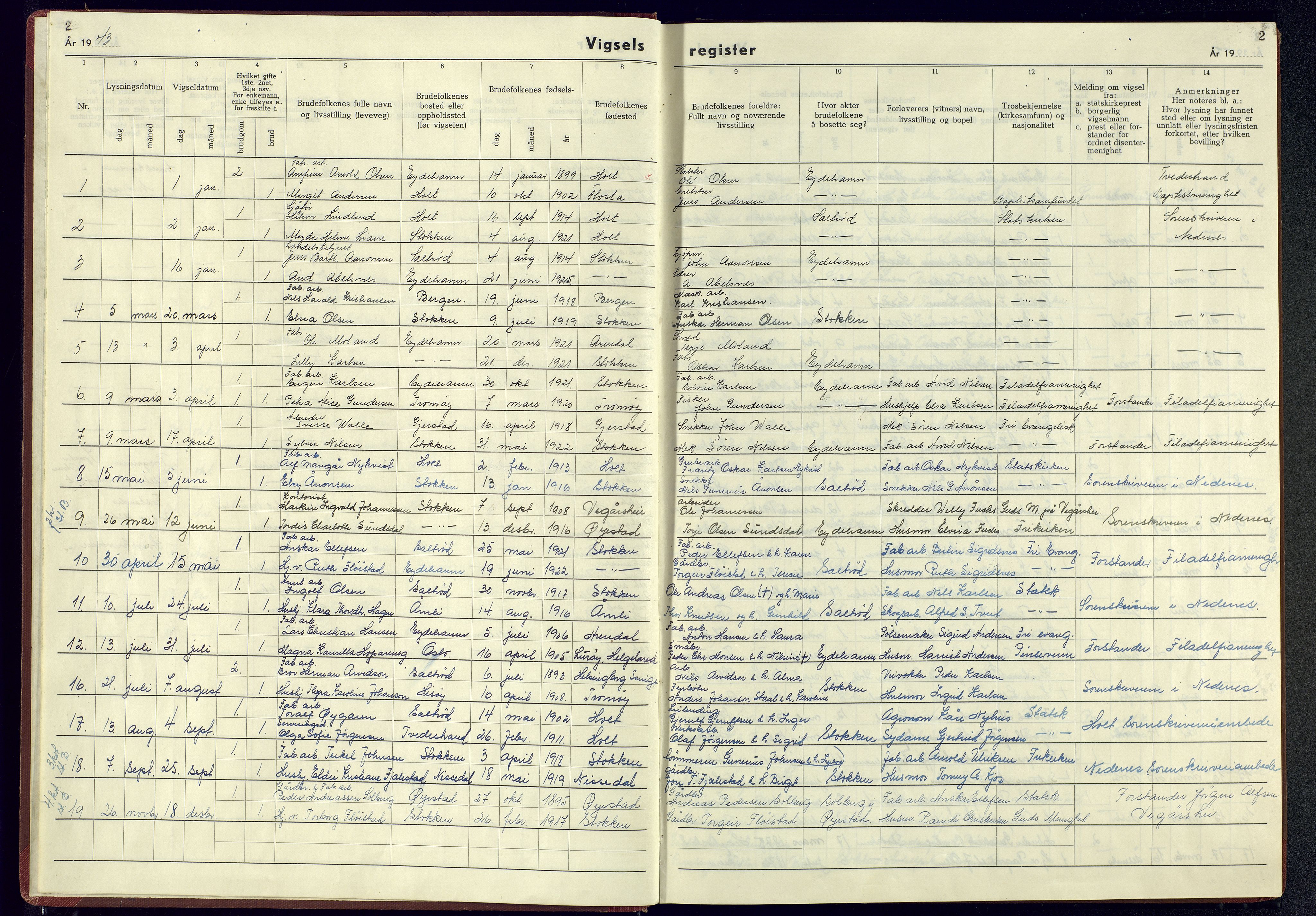 Austre Moland sokneprestkontor, SAK/1111-0001/J/Jb/L0003: Marriage register no. A-VI-19, 1942-1945, p. 2