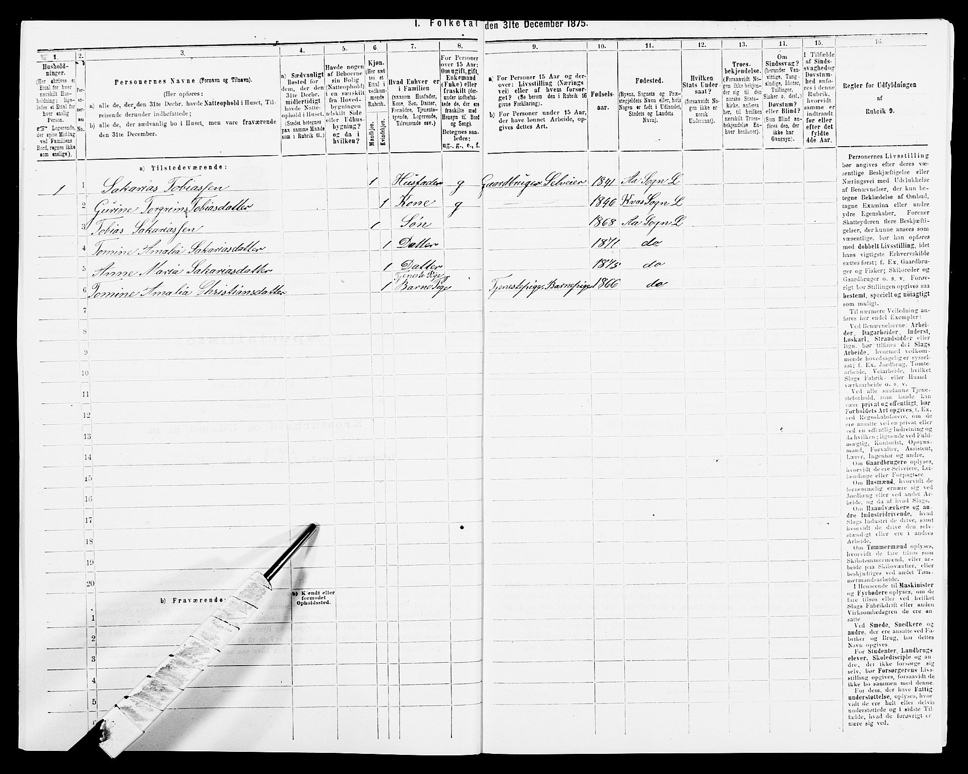 SAK, 1875 census for 1032P Lyngdal, 1875, p. 1108