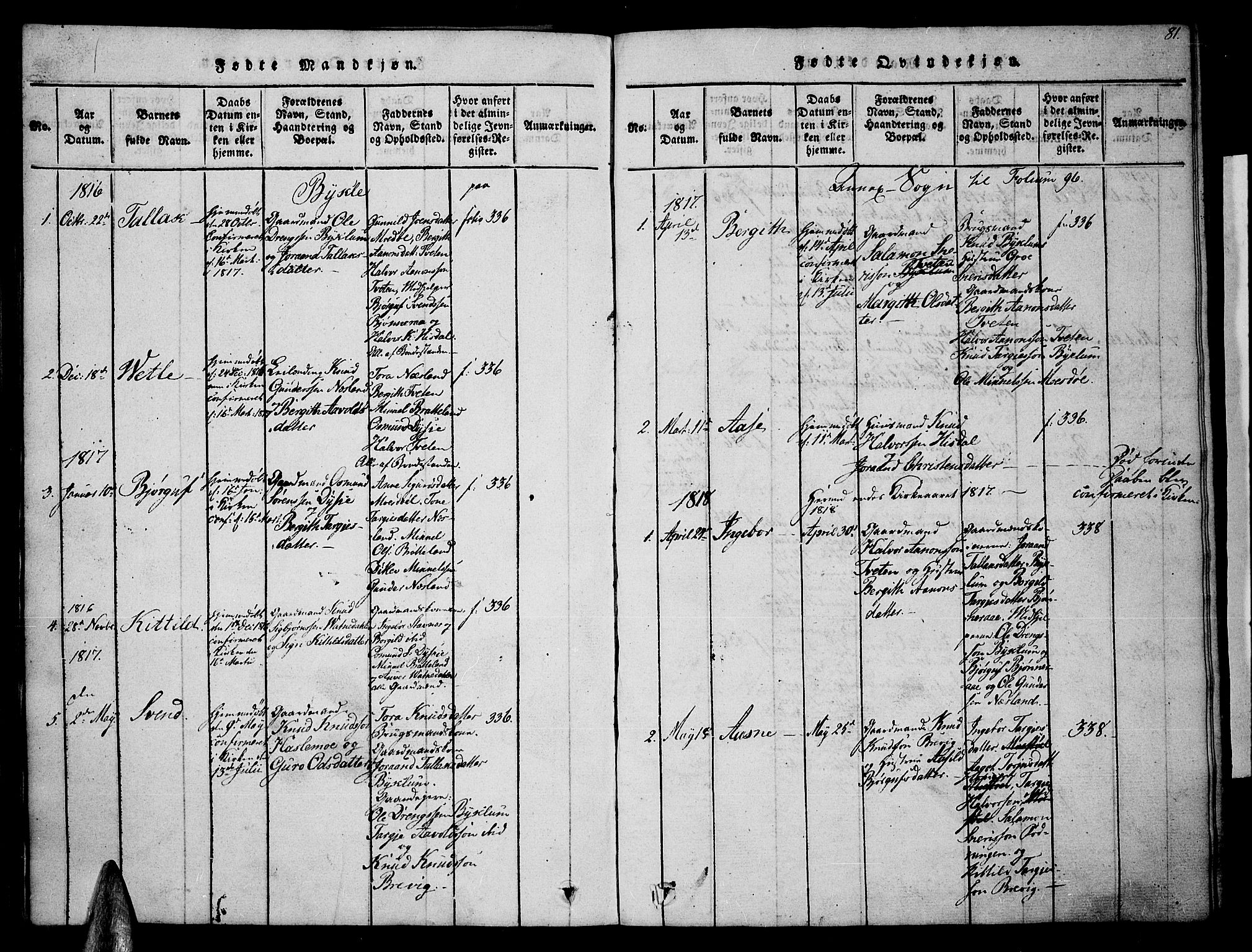 Valle sokneprestkontor, AV/SAK-1111-0044/F/Fa/Fac/L0005: Parish register (official) no. A 5 /3, 1817-1830, p. 81