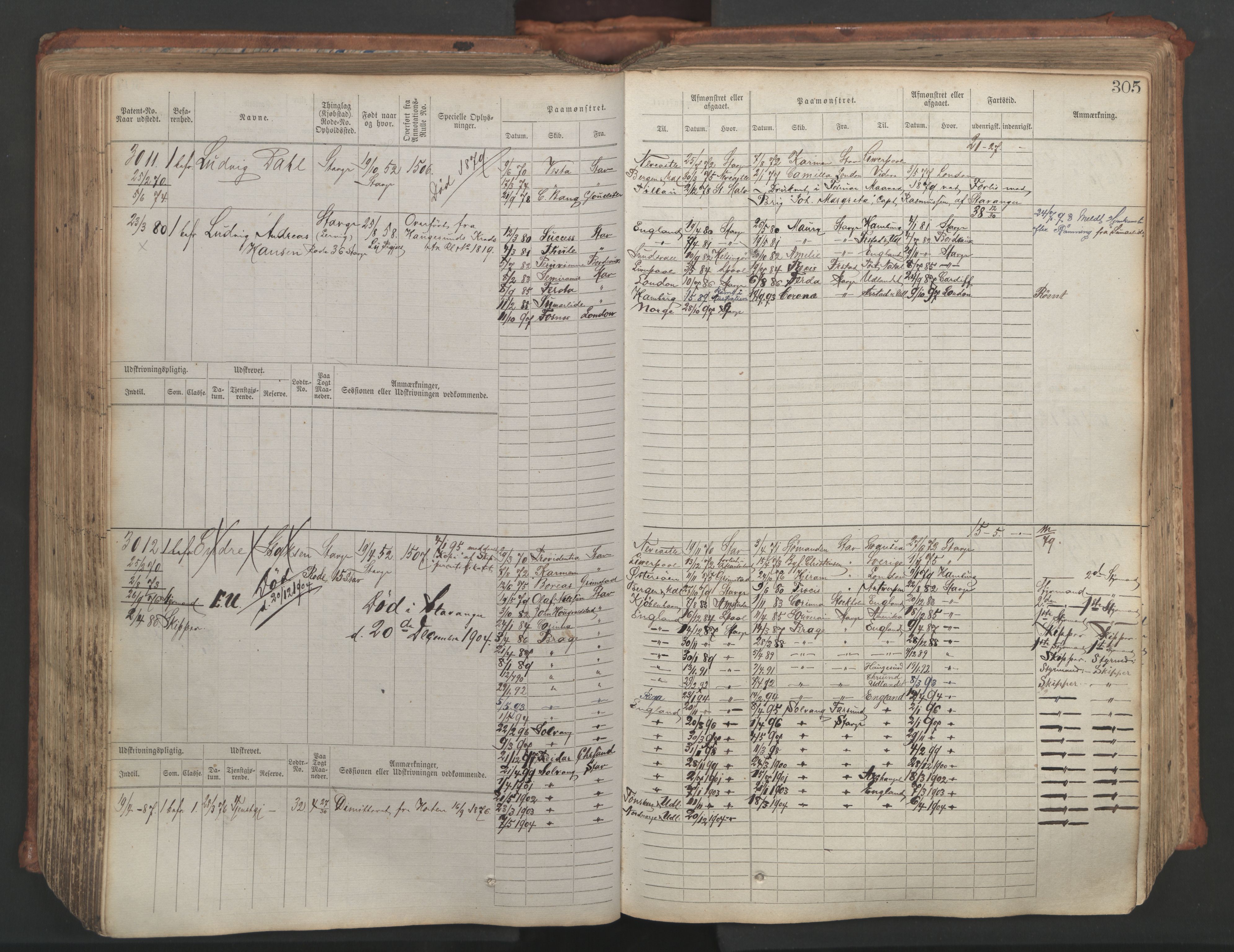 Stavanger sjømannskontor, AV/SAST-A-102006/F/Fb/Fbb/L0007: Sjøfartshovedrulle, patentnr. 2403-3604, 1869-1880, p. 345