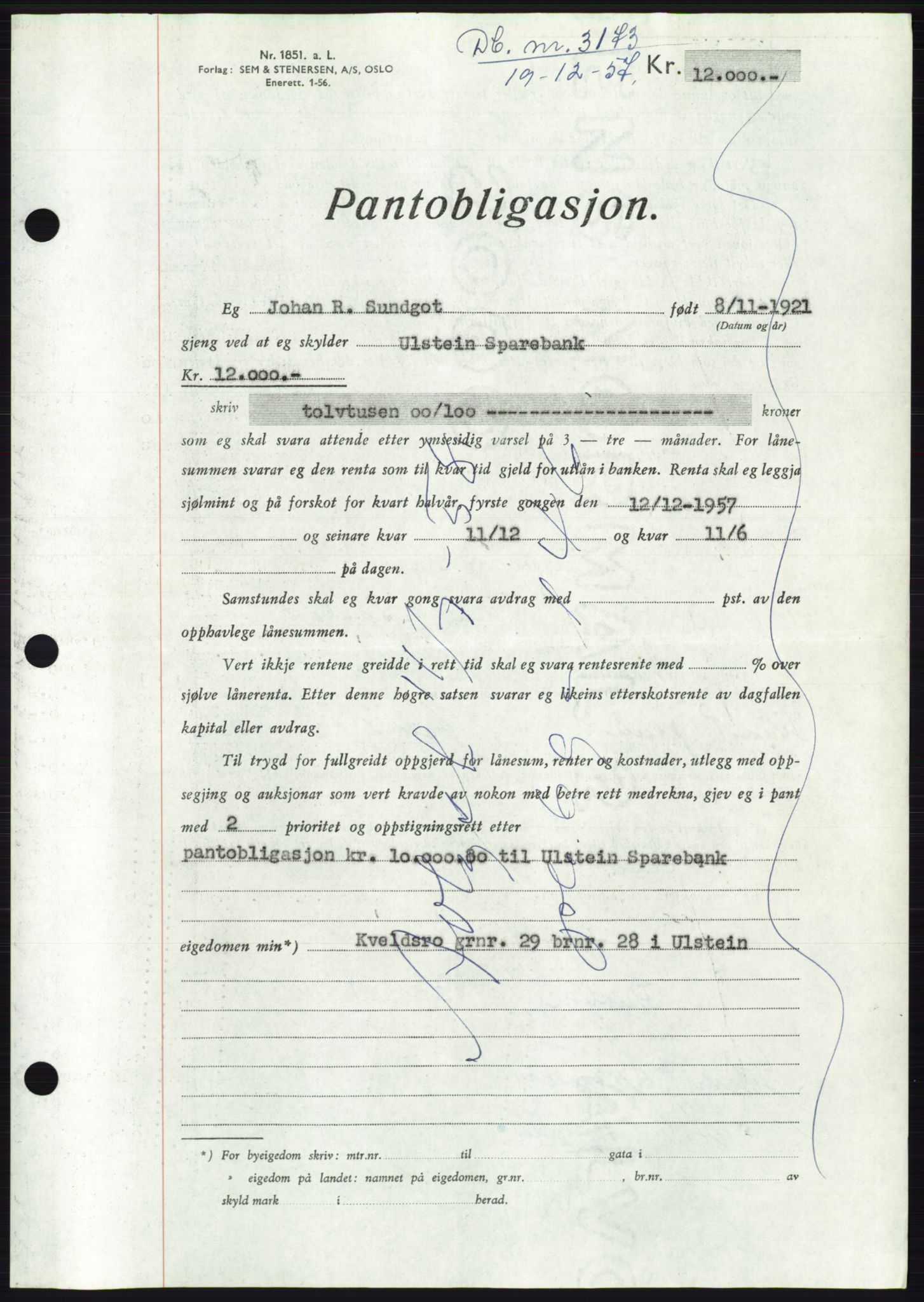 Søre Sunnmøre sorenskriveri, AV/SAT-A-4122/1/2/2C/L0130: Mortgage book no. 18B, 1957-1958, Diary no: : 3173/1957