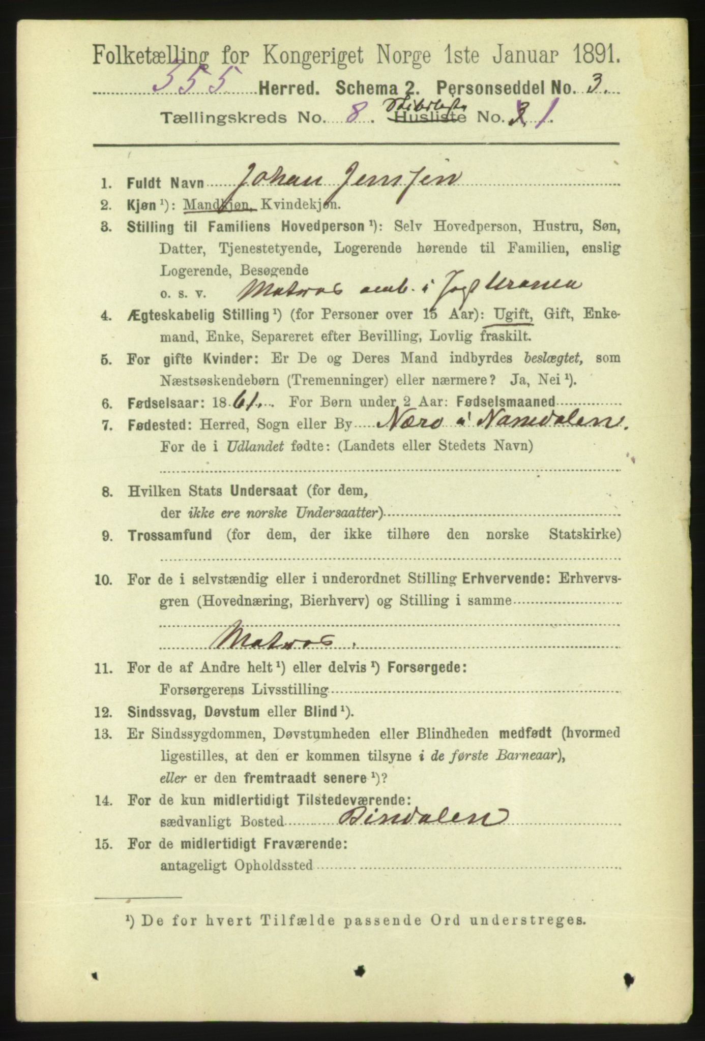 RA, 1891 census for 1632 Bjørnør, 1891, p. 3725