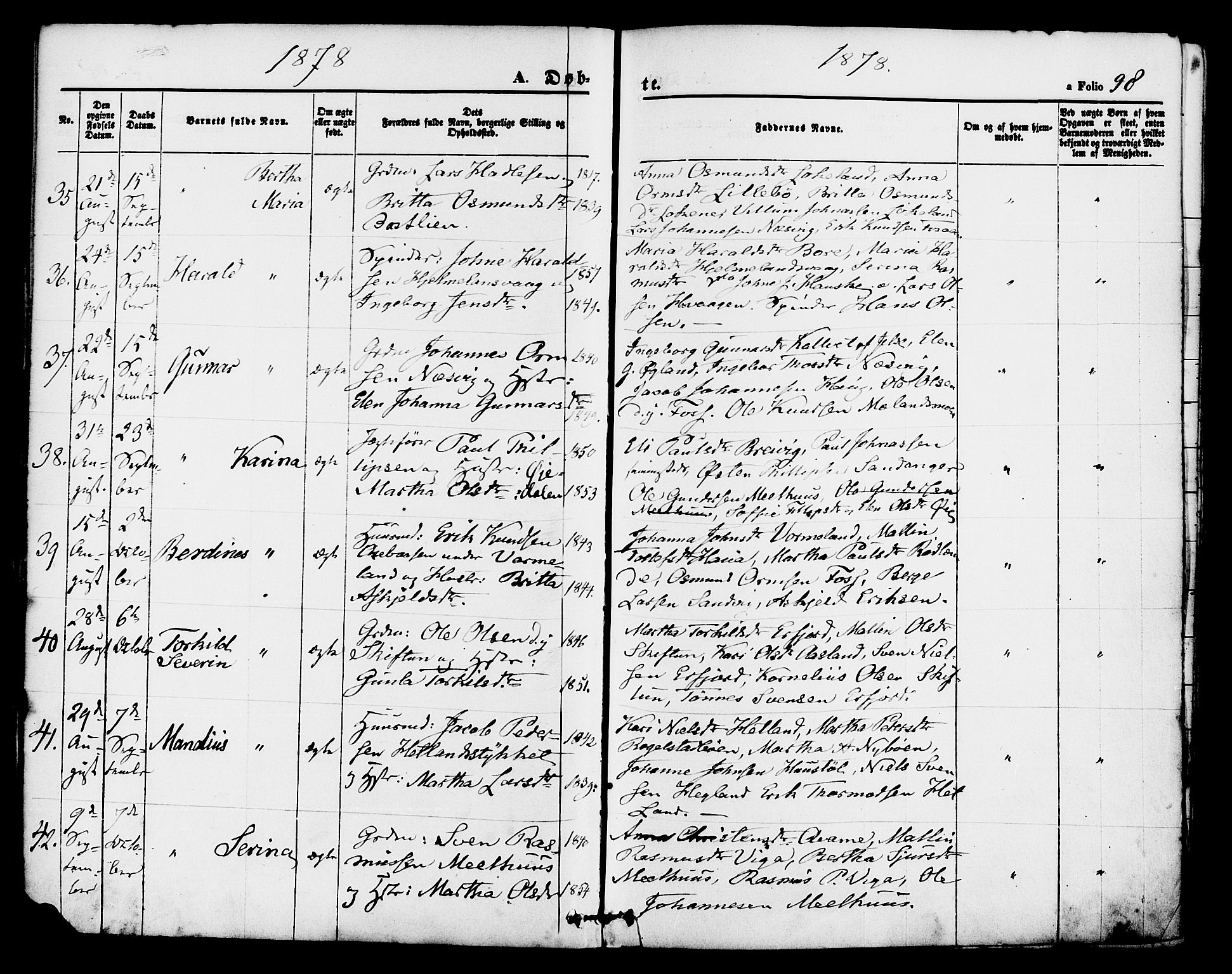 Hjelmeland sokneprestkontor, AV/SAST-A-101843/01/IV/L0011: Parish register (official) no. A 11, 1861-1878, p. 98