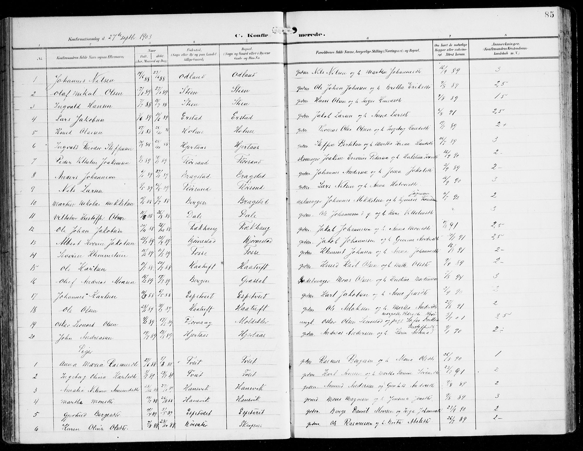 Alversund Sokneprestembete, SAB/A-73901/H/Ha/Haa/Haac/L0002: Parish register (official) no. C 2, 1901-1921, p. 85
