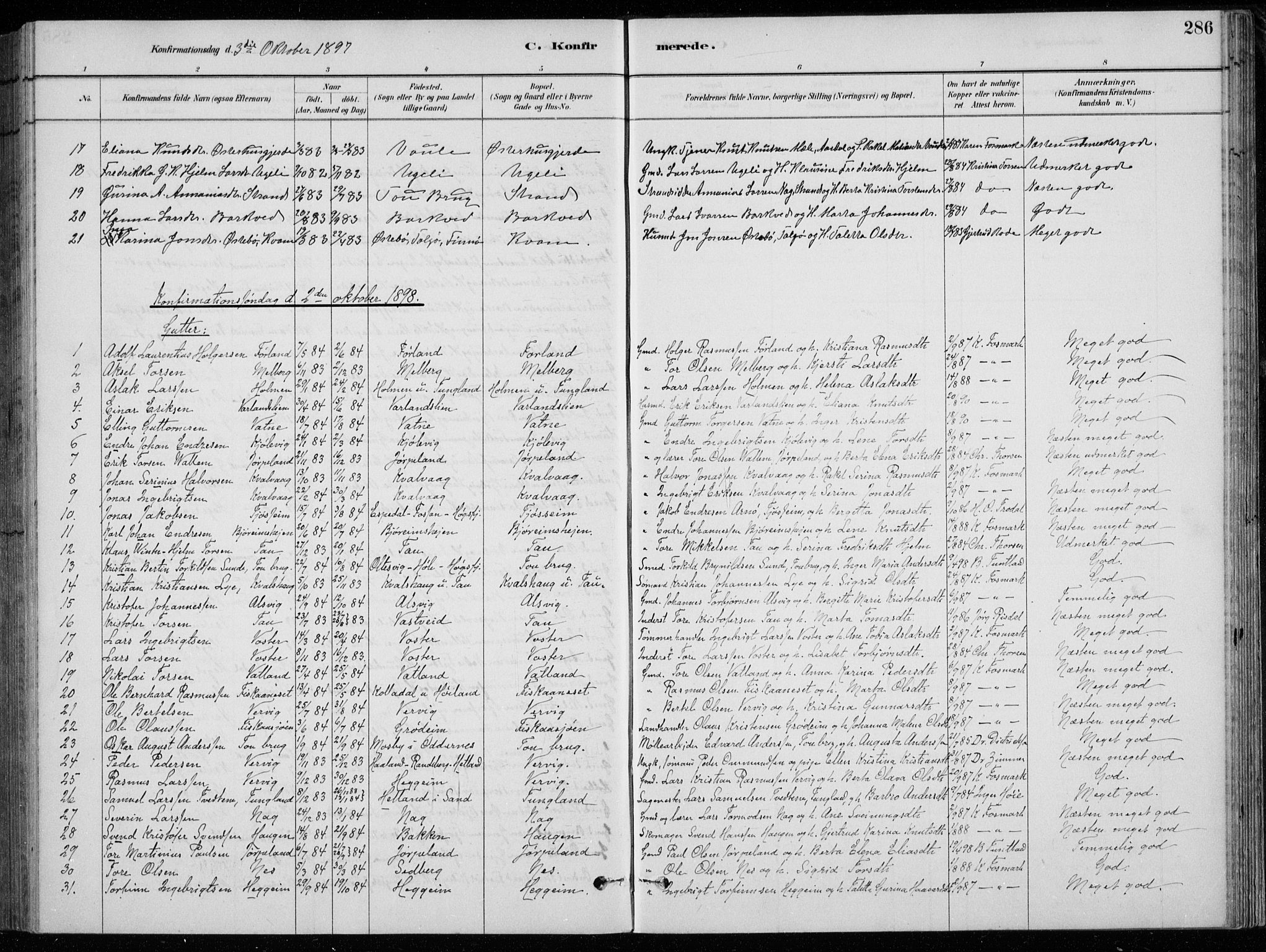 Strand sokneprestkontor, AV/SAST-A-101828/H/Ha/Hab/L0004: Parish register (copy) no. B 4, 1878-1903, p. 286