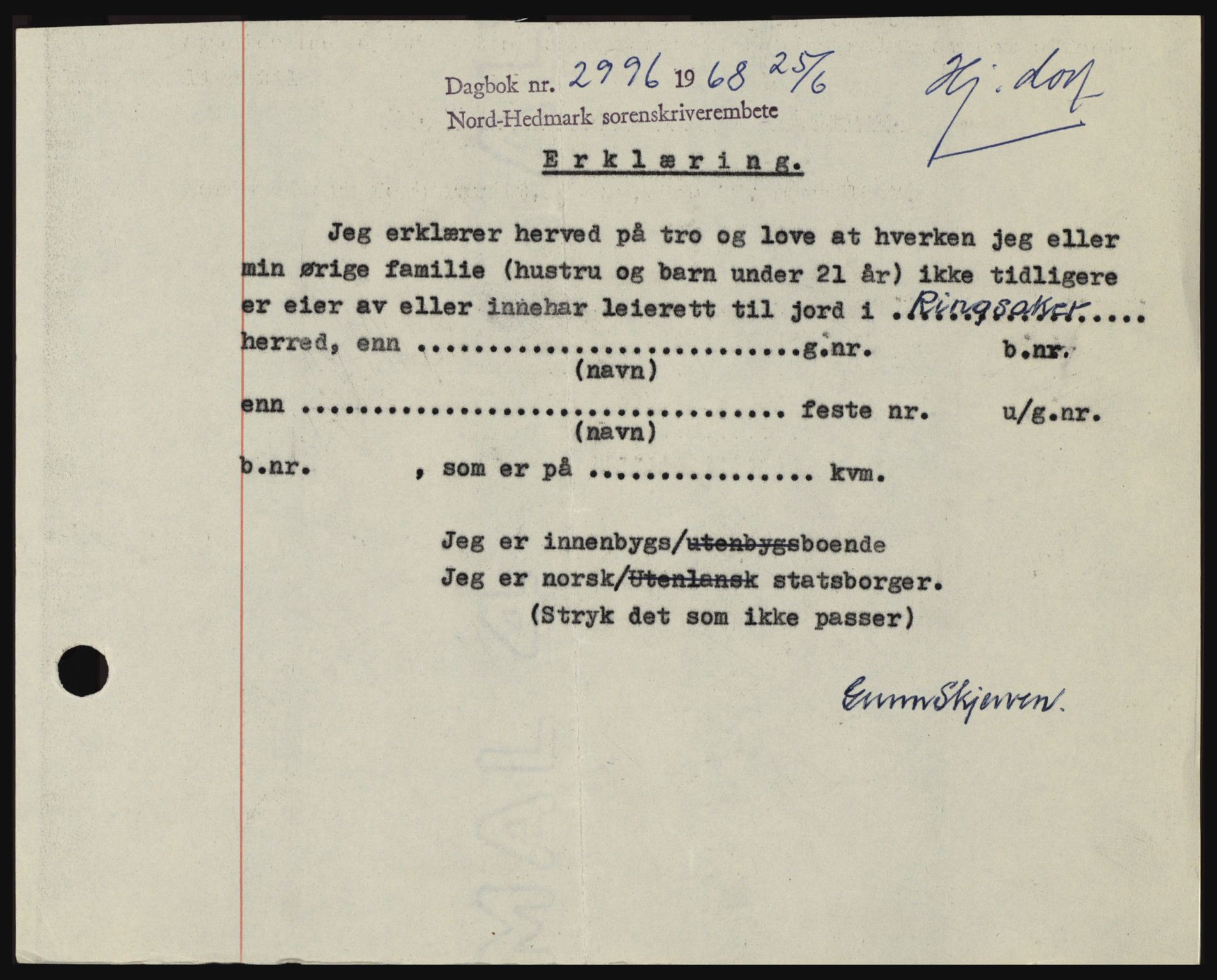 Nord-Hedmark sorenskriveri, SAH/TING-012/H/Hc/L0028: Mortgage book no. 28, 1968-1968, Diary no: : 2996/1968