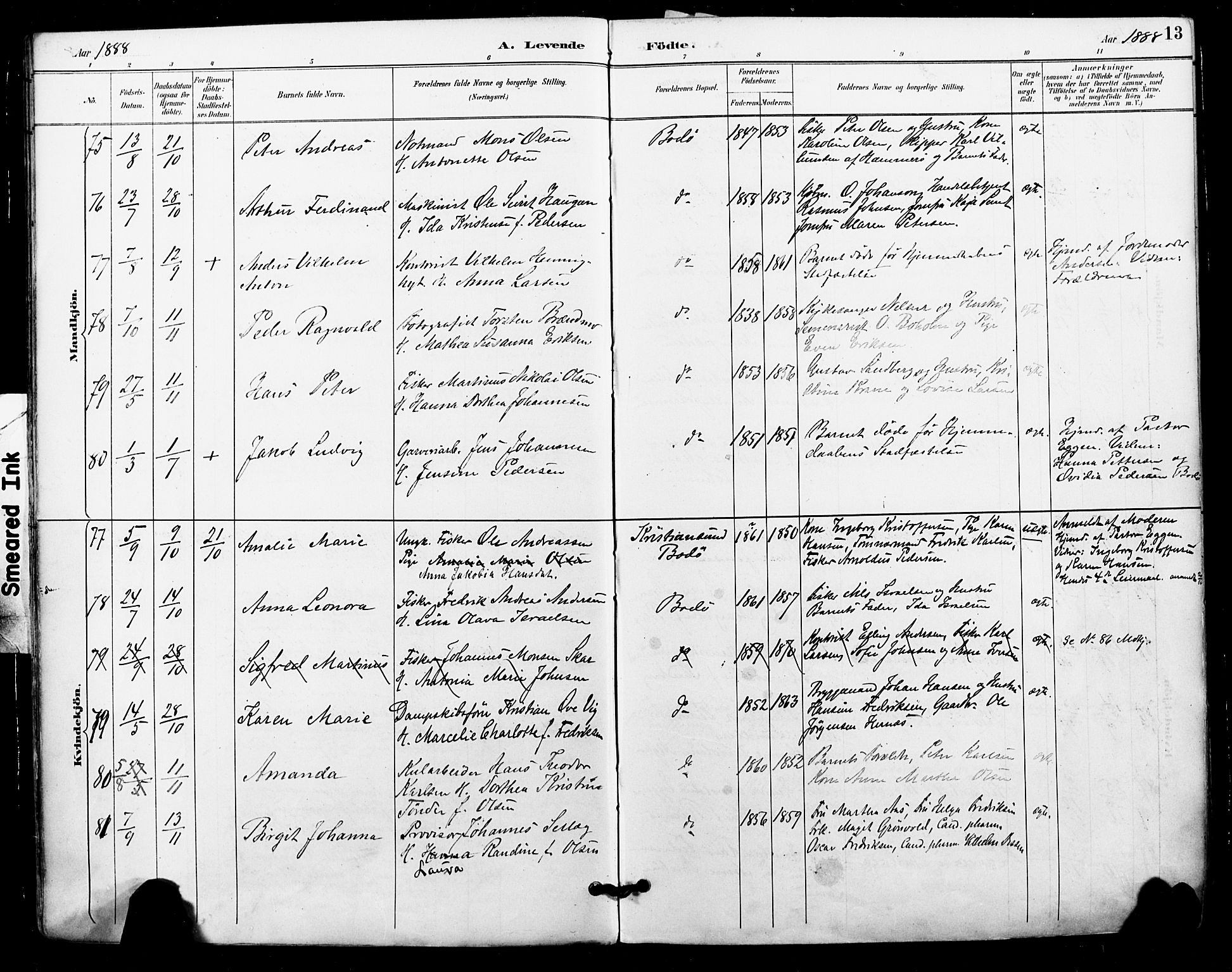 Ministerialprotokoller, klokkerbøker og fødselsregistre - Nordland, AV/SAT-A-1459/801/L0010: Parish register (official) no. 801A10, 1888-1899, p. 13