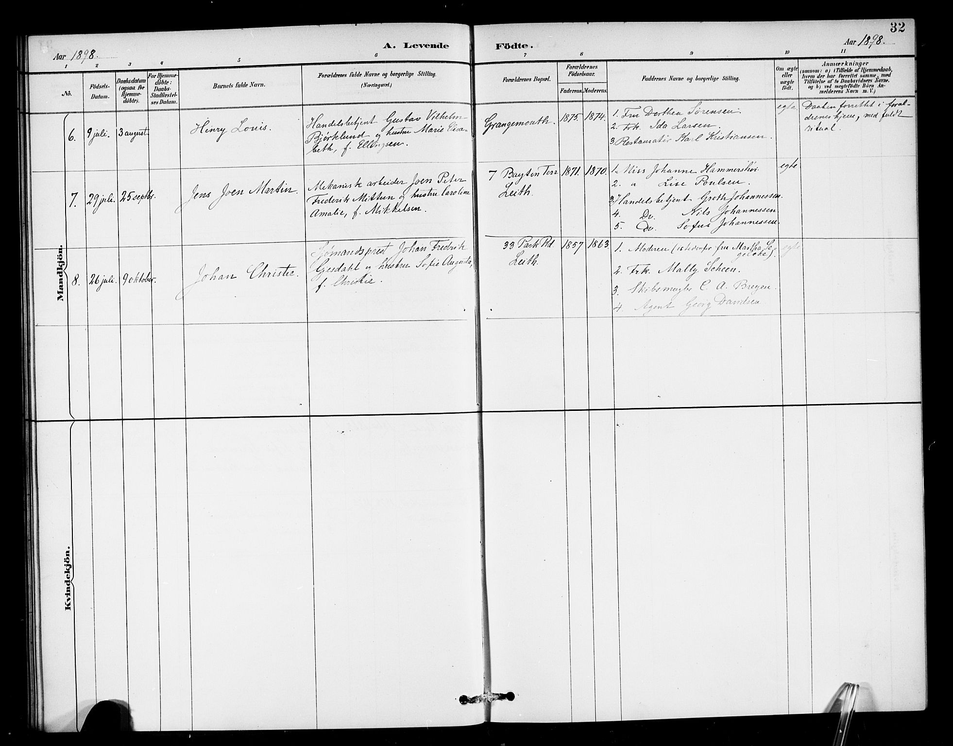 Den norske sjømannsmisjon i utlandet/Skotske havner (Leith, Glasgow), SAB/SAB/PA-0100/H/Ha/Haa/L0003: Parish register (official) no. A 3, 1887-1898, p. 32