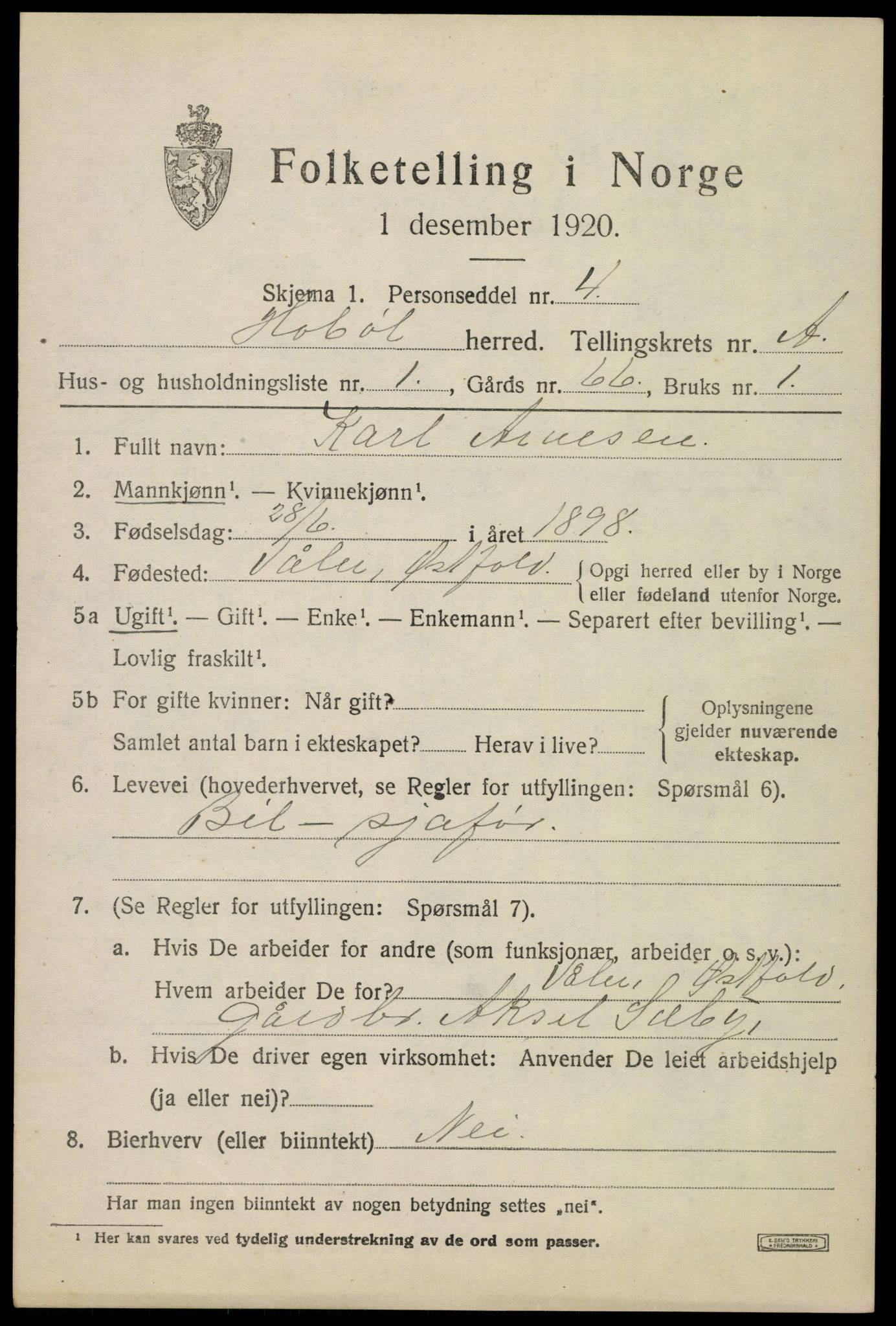 SAO, 1920 census for Hobøl, 1920, p. 892