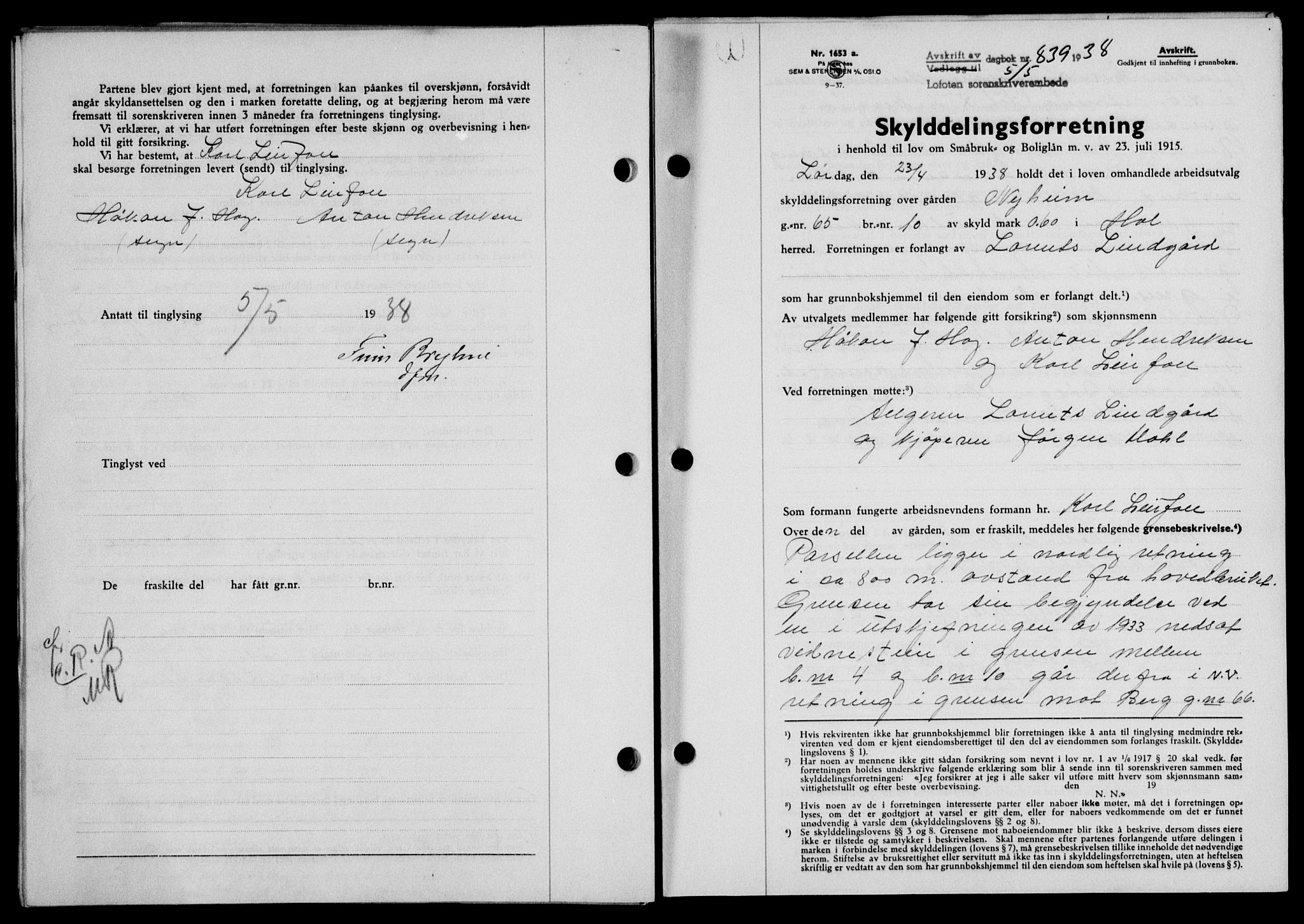 Lofoten sorenskriveri, SAT/A-0017/1/2/2C/L0004a: Mortgage book no. 4a, 1938-1938, Diary no: : 839/1938