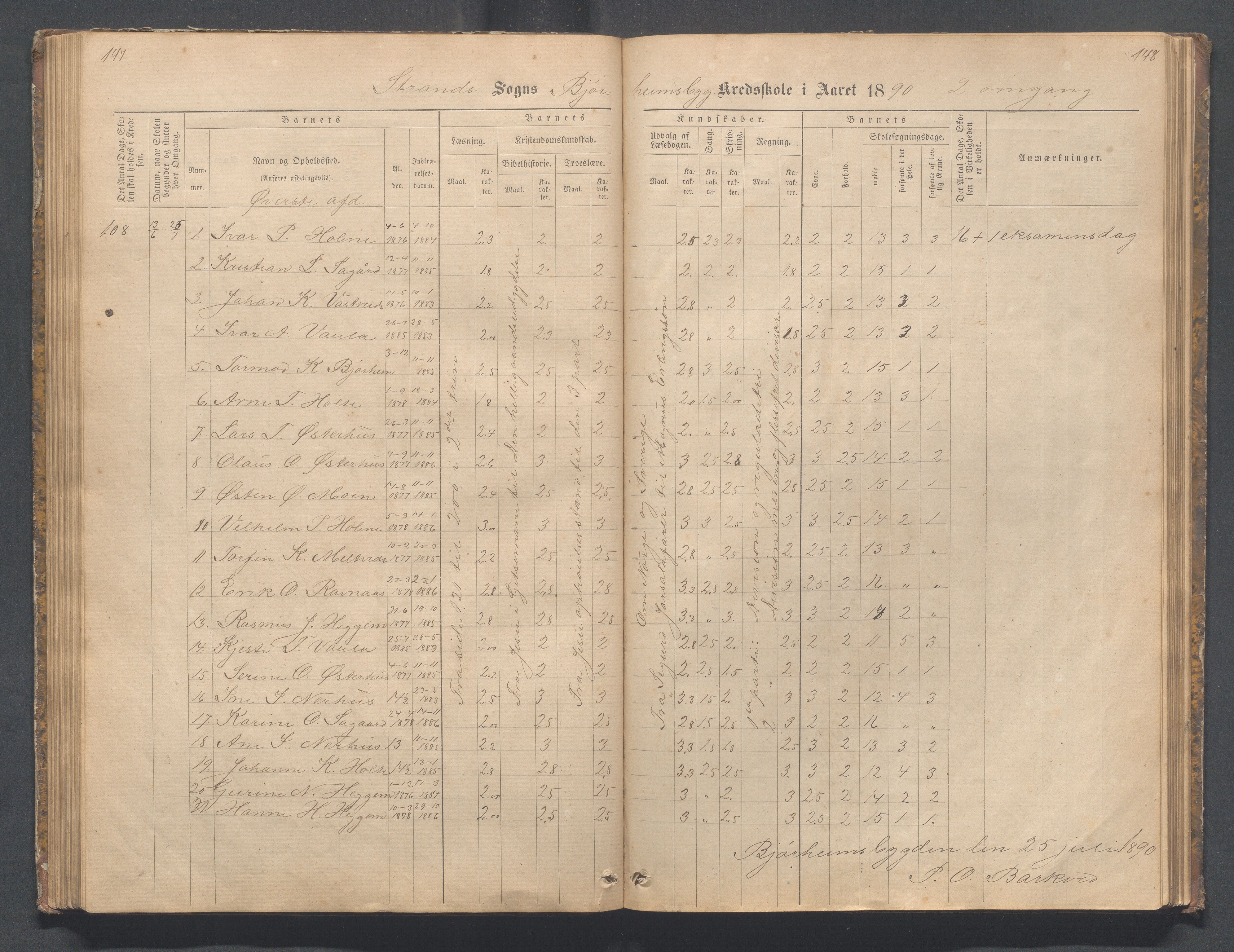 Strand kommune - Bjørheimsbygd skole, IKAR/A-147/H/L0001: Skoleprotokoll for Bjørheimsbygd,Lekvam og Hidle krets, 1873-1884, p. 147-148