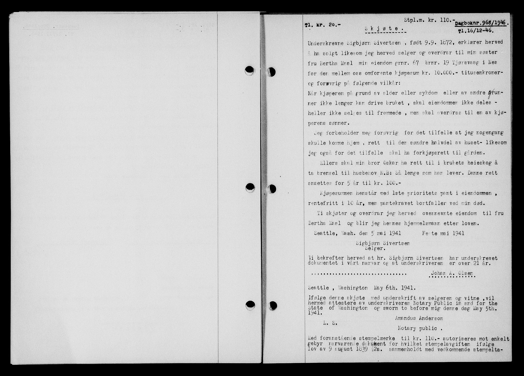 Flekkefjord sorenskriveri, AV/SAK-1221-0001/G/Gb/Gba/L0061: Mortgage book no. A-9, 1946-1947, Diary no: : 968/1946