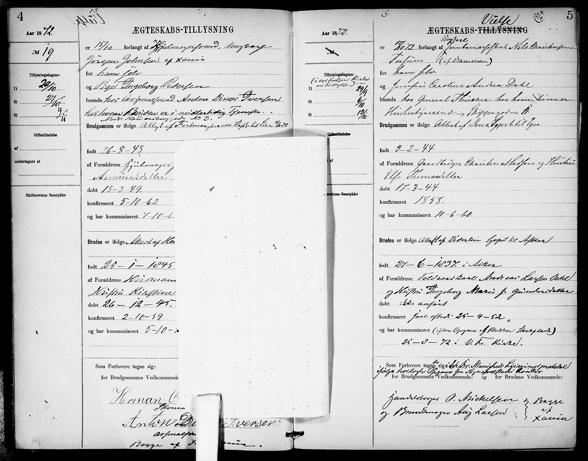 Garnisonsmenigheten Kirkebøker, SAO/A-10846/H/Ha/L0007: Banns register no. I 7, 1872-1893, p. 4-5