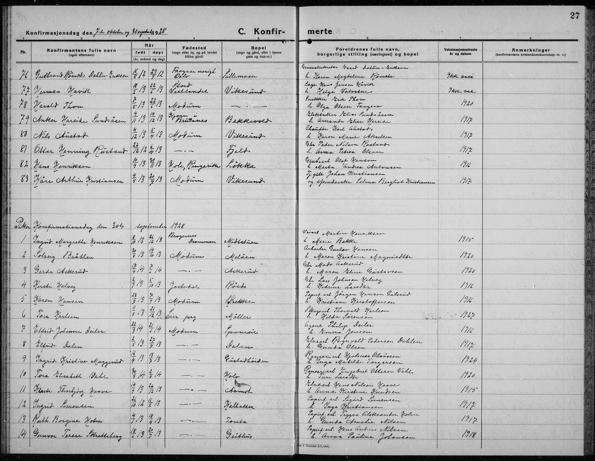 Modum kirkebøker, AV/SAKO-A-234/G/Ga/L0013: Parish register (copy) no. I 13, 1925-1938, p. 27