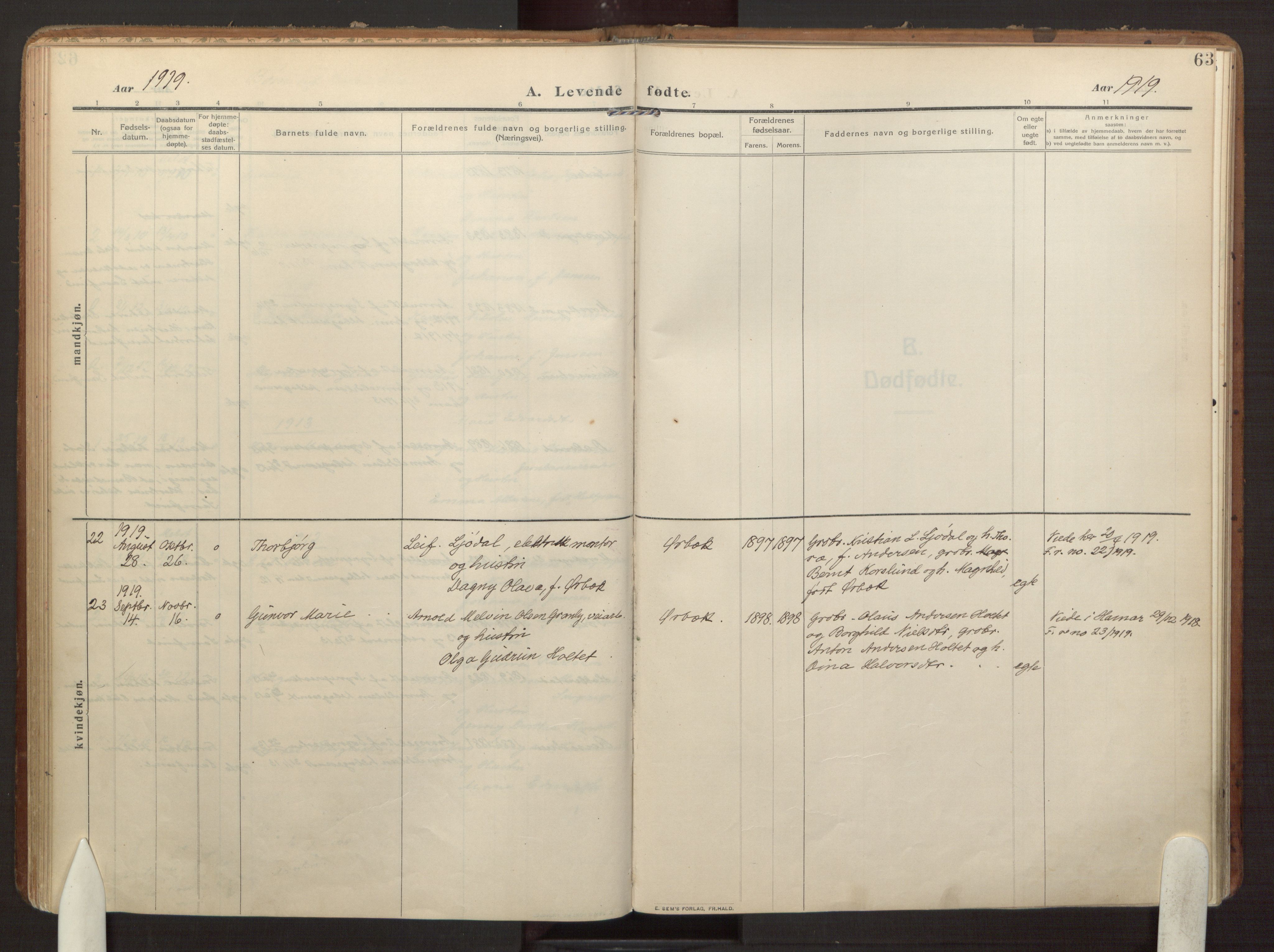 Eidsvoll prestekontor Kirkebøker, AV/SAO-A-10888/F/Fb/L0004: Parish register (official) no. II 4, 1909-1919, p. 63
