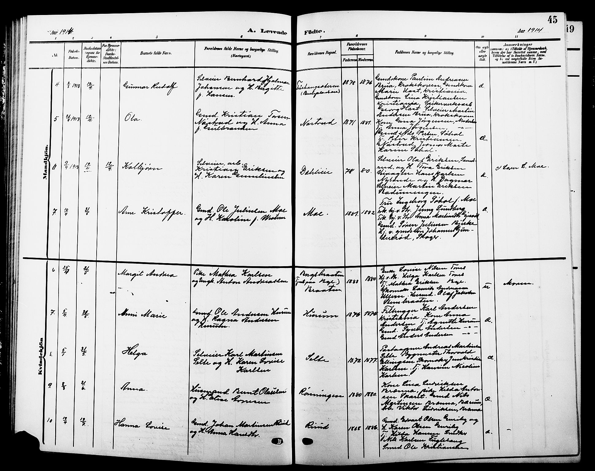 Hole kirkebøker, AV/SAKO-A-228/G/Ga/L0004: Parish register (copy) no. I 4, 1905-1924, p. 45